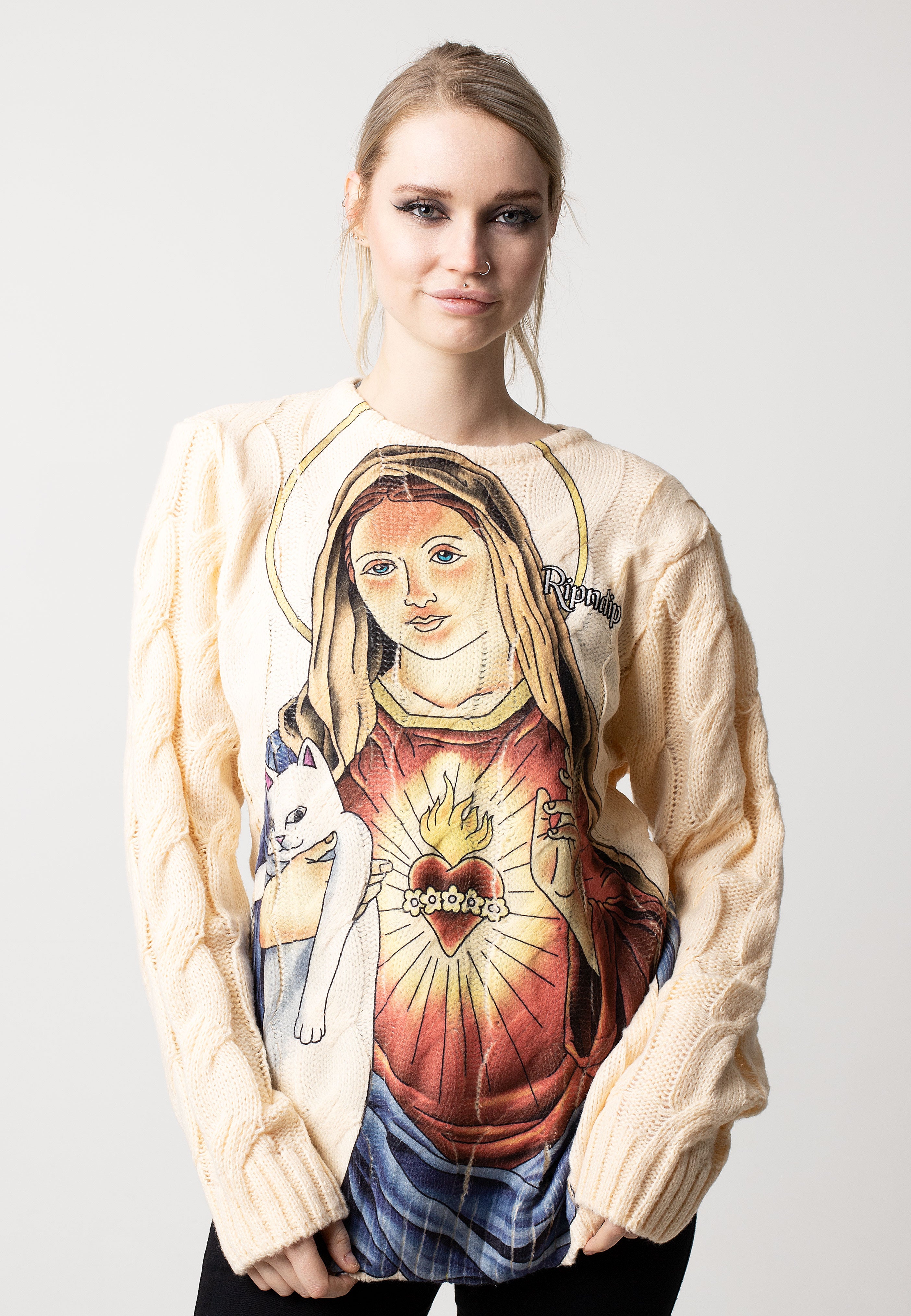 RIPNDIP - Mother Mary Cable Knit Cream - Pullover | Women-Image