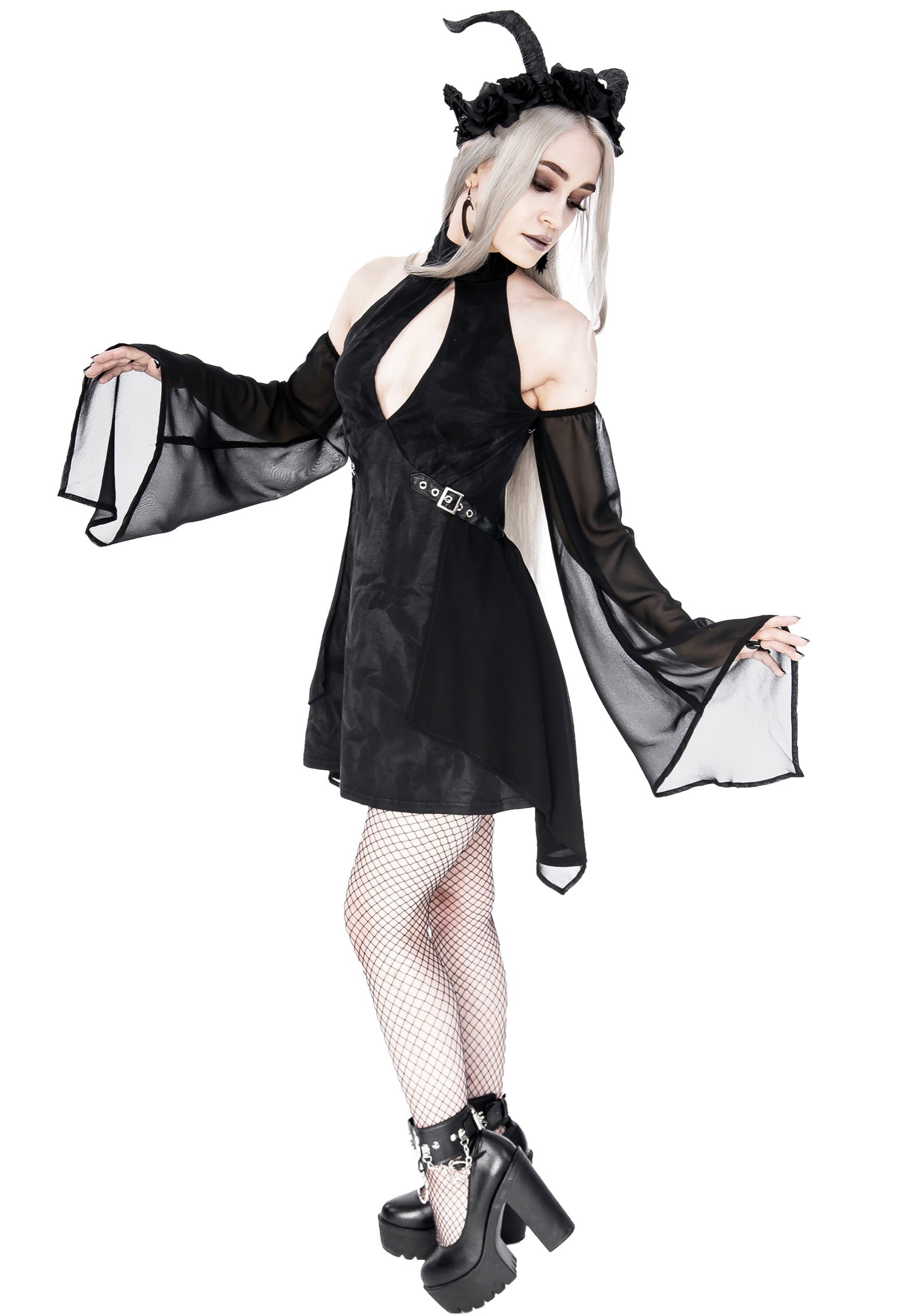 Restyle - Halterneck Floaty Fairy Acid Wash Tunic Black - Dress | Women-Image