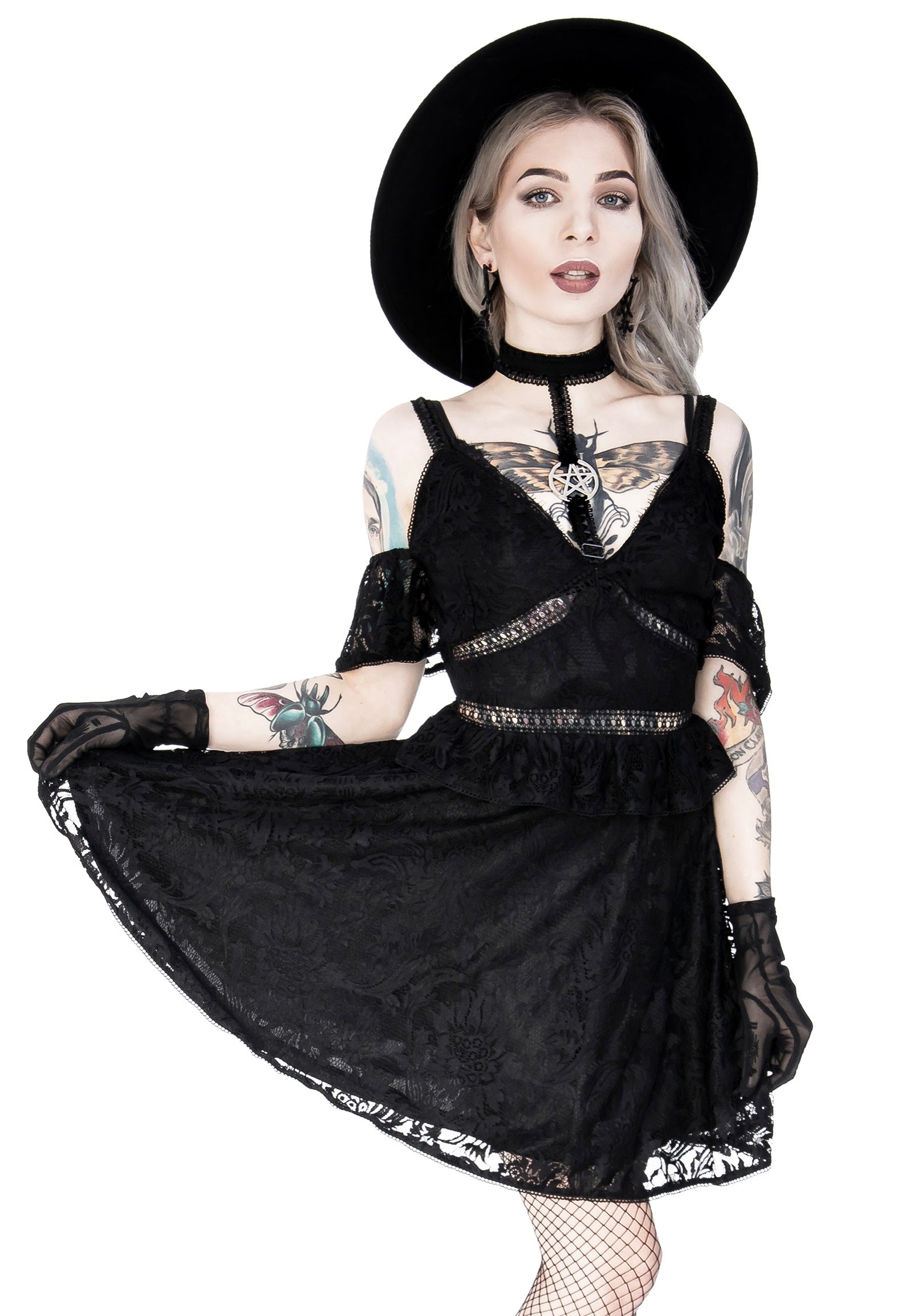 Restyle - Pentagram Lace With Collar Black - Dress | Women-Image