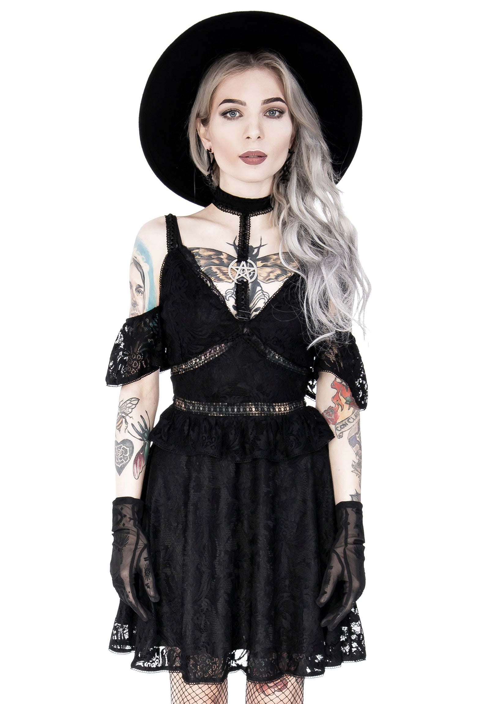 Restyle - Pentagram Lace With Collar Black - Dress | Women-Image