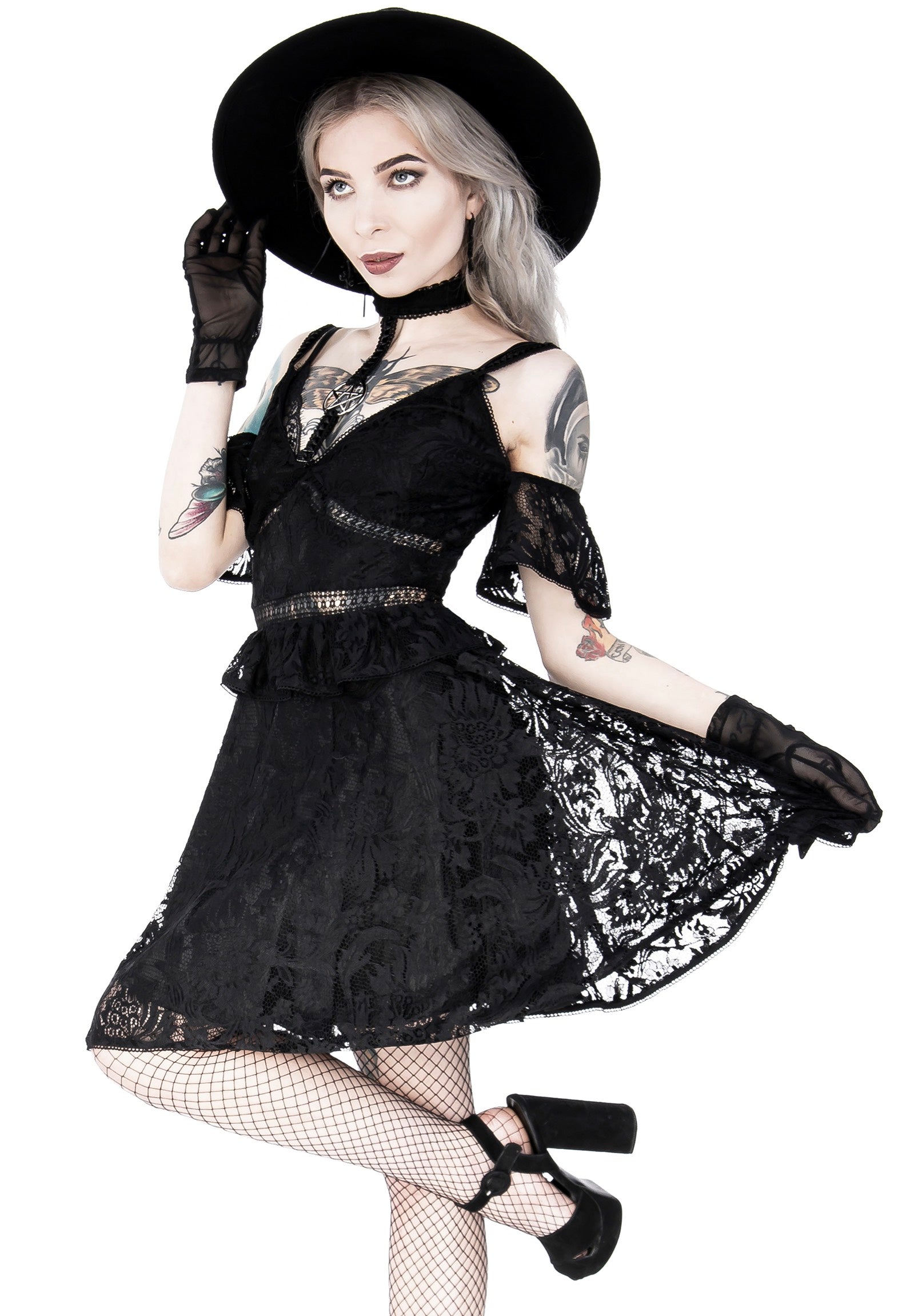 Restyle - Pentagram Lace With Collar Black - Dress | Women-Image