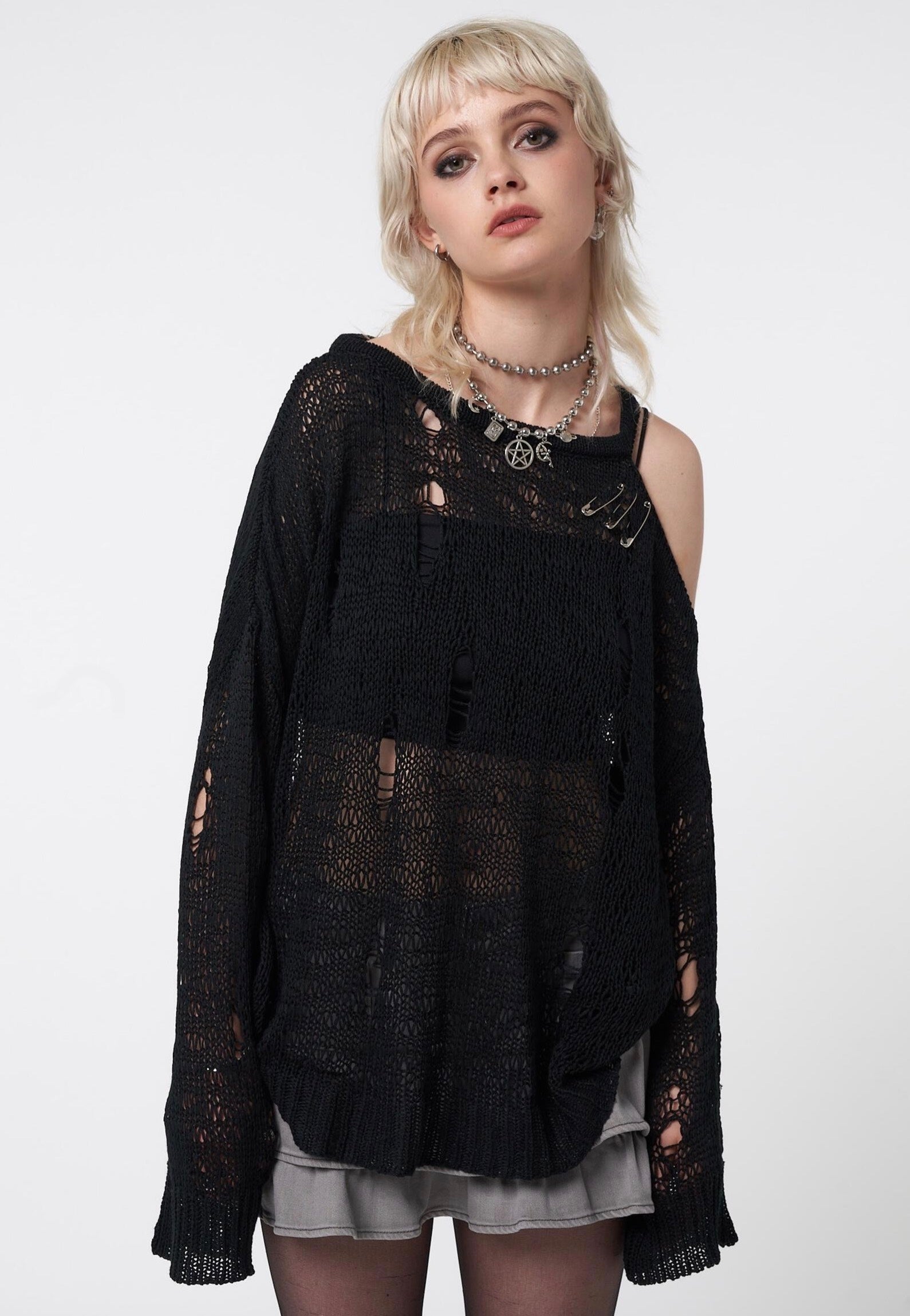 Minga London - Avril Distressed Cut Out Net Knit Black - Pullover | Women-Image