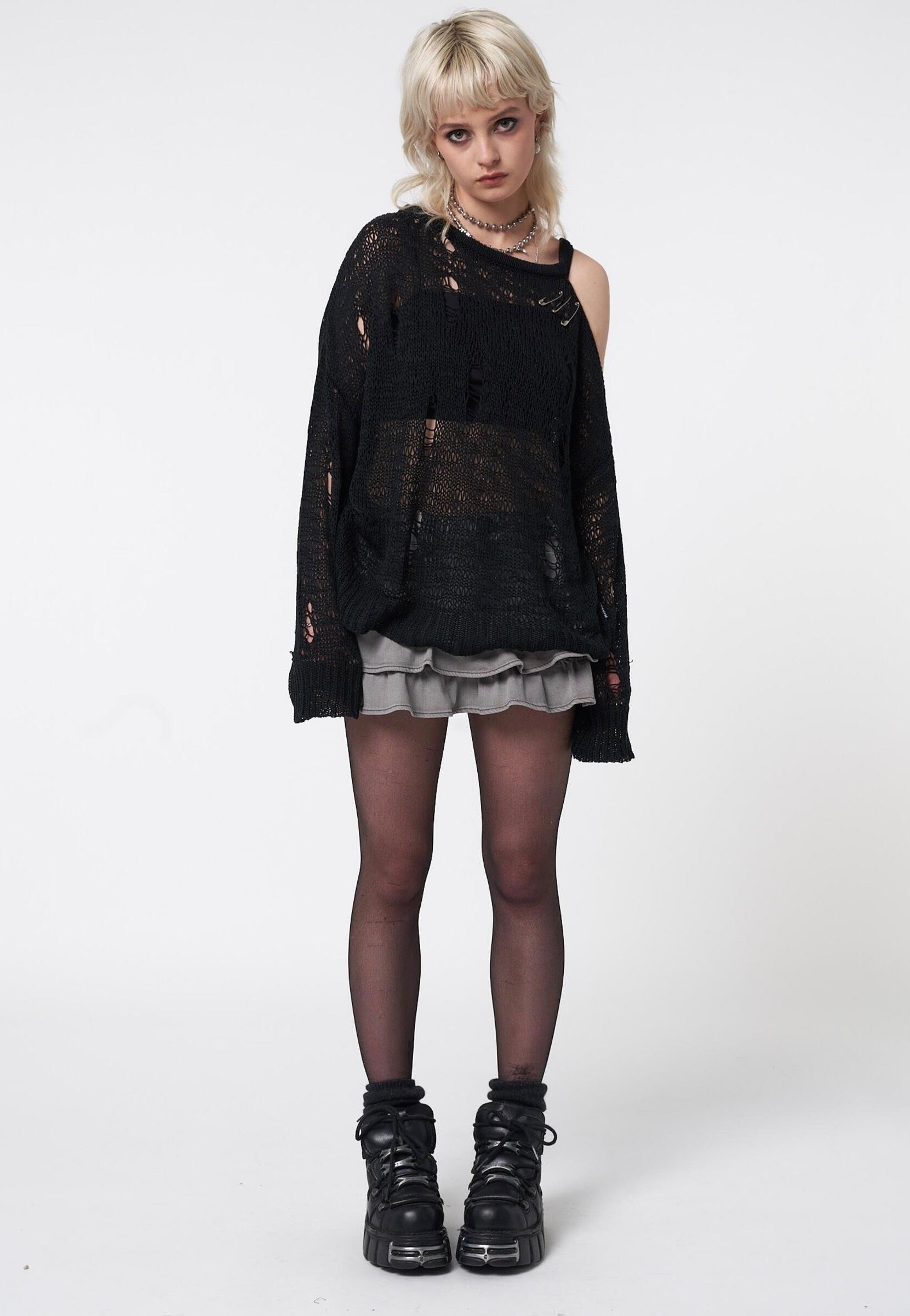 Minga London - Avril Distressed Cut Out Net Knit Black - Pullover | Women-Image