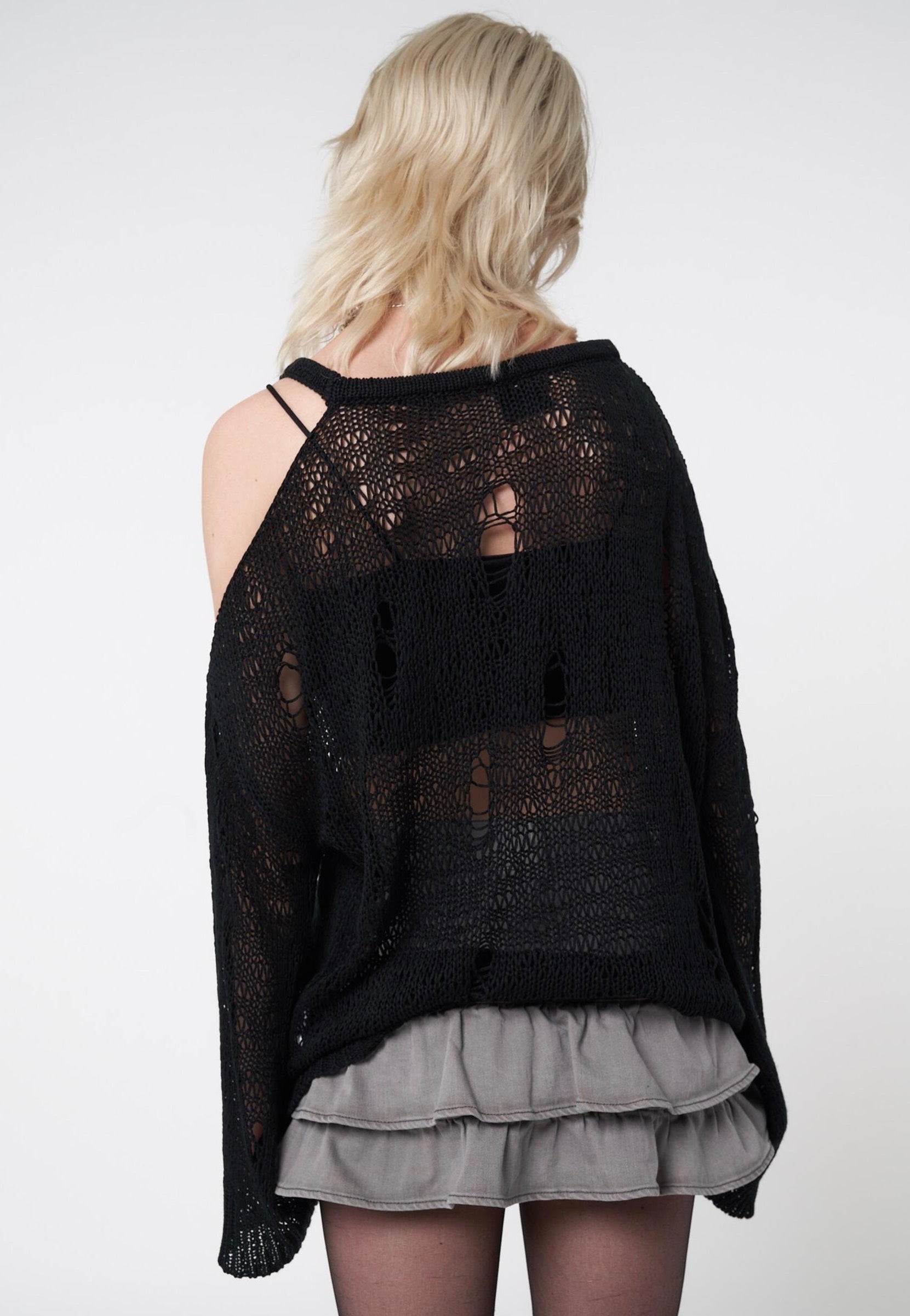 Minga London - Avril Distressed Cut Out Net Knit Black - Pullover | Women-Image