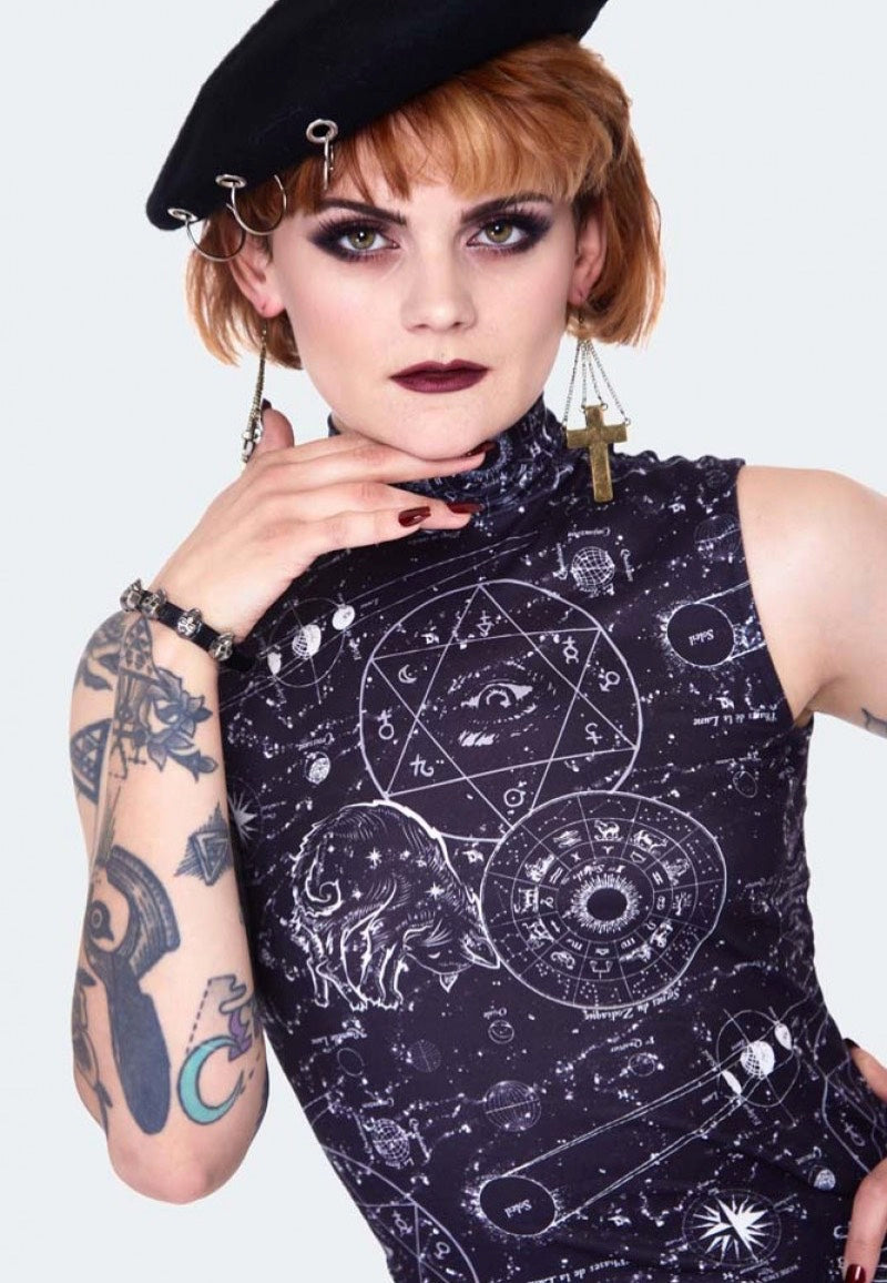 Jawbreaker - Alchemy Cat Print Midi Cut Out Black - Dress | Women-Image