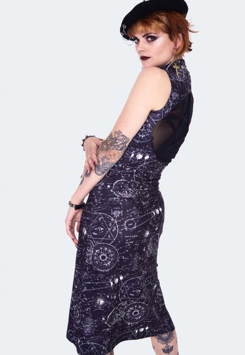 Jawbreaker - Alchemy Cat Print Midi Cut Out Black - Dress | Women-Image