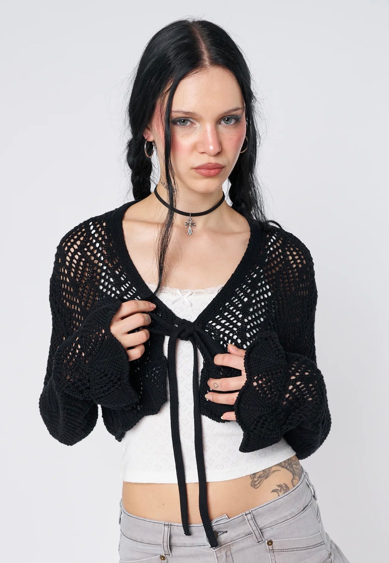 Minga London - Brenna Tie Front Frill Crochet Crop - Cardigan | Women-Image