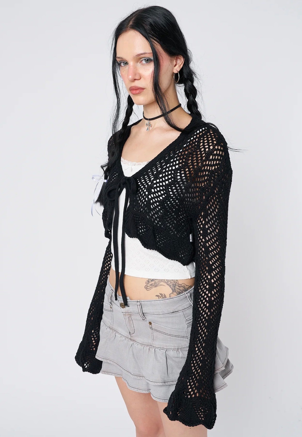 Minga London - Brenna Tie Front Frill Crochet Crop - Cardigan | Women-Image