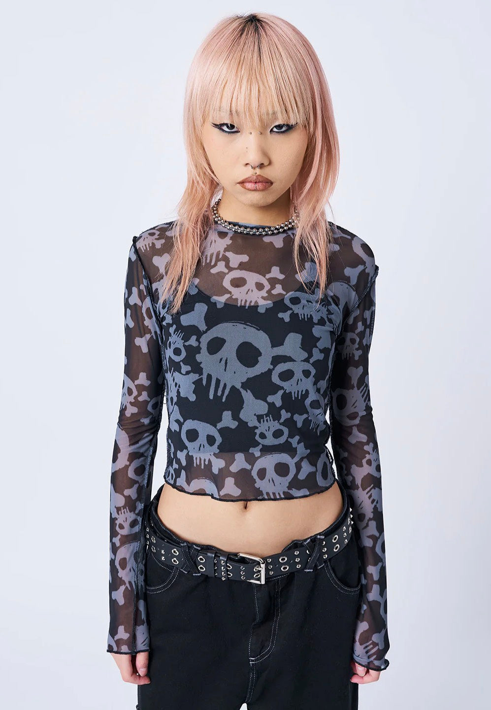 Minga London - Buffy Black & Grey Skull Mesh - Top | Women-Image