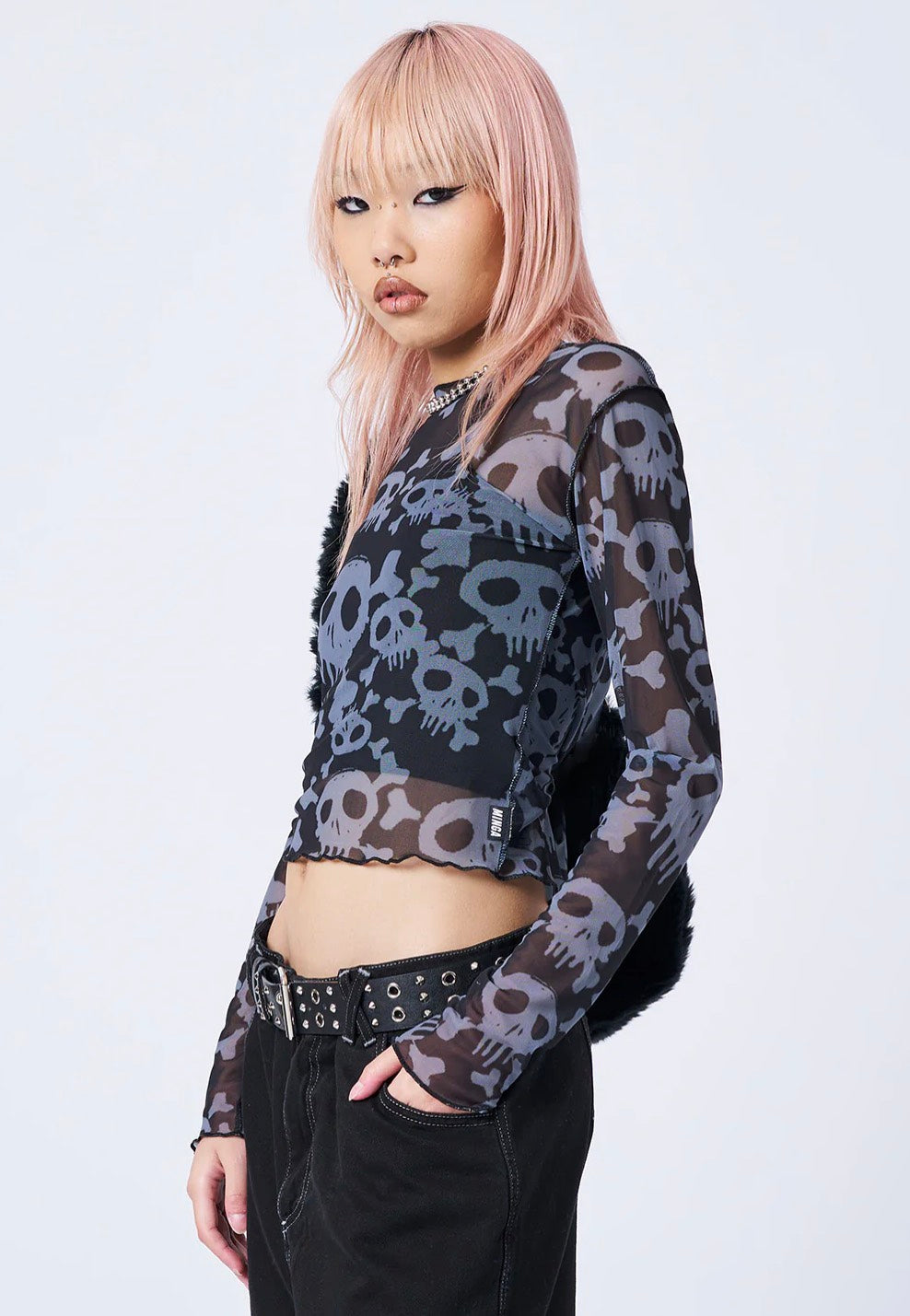 Minga London - Buffy Black & Grey Skull Mesh - Top | Women-Image