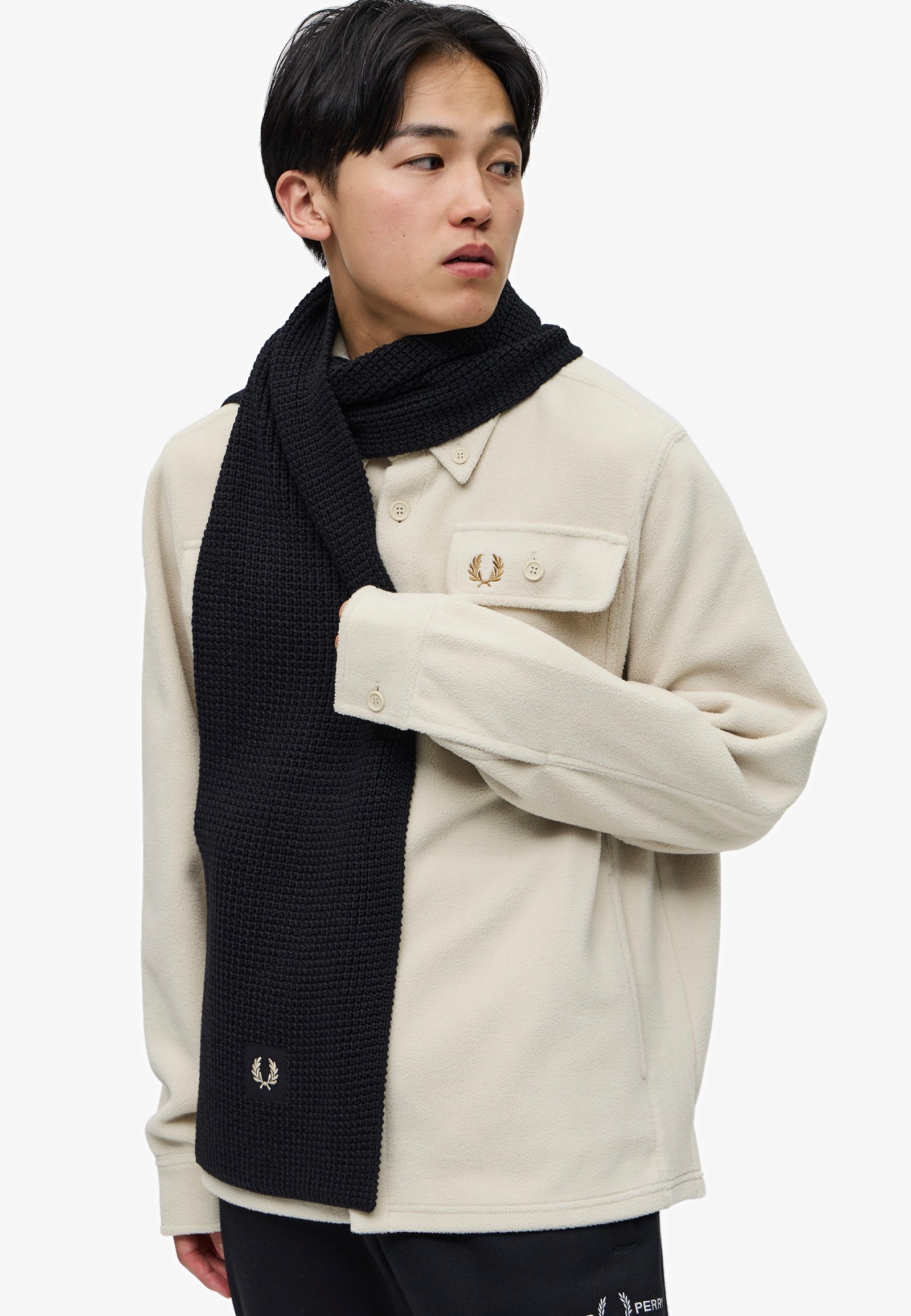 Fred Perry - Waffle Knit Patch Branded Rib Black/Oatmeal - Scarf | Neutral-Image