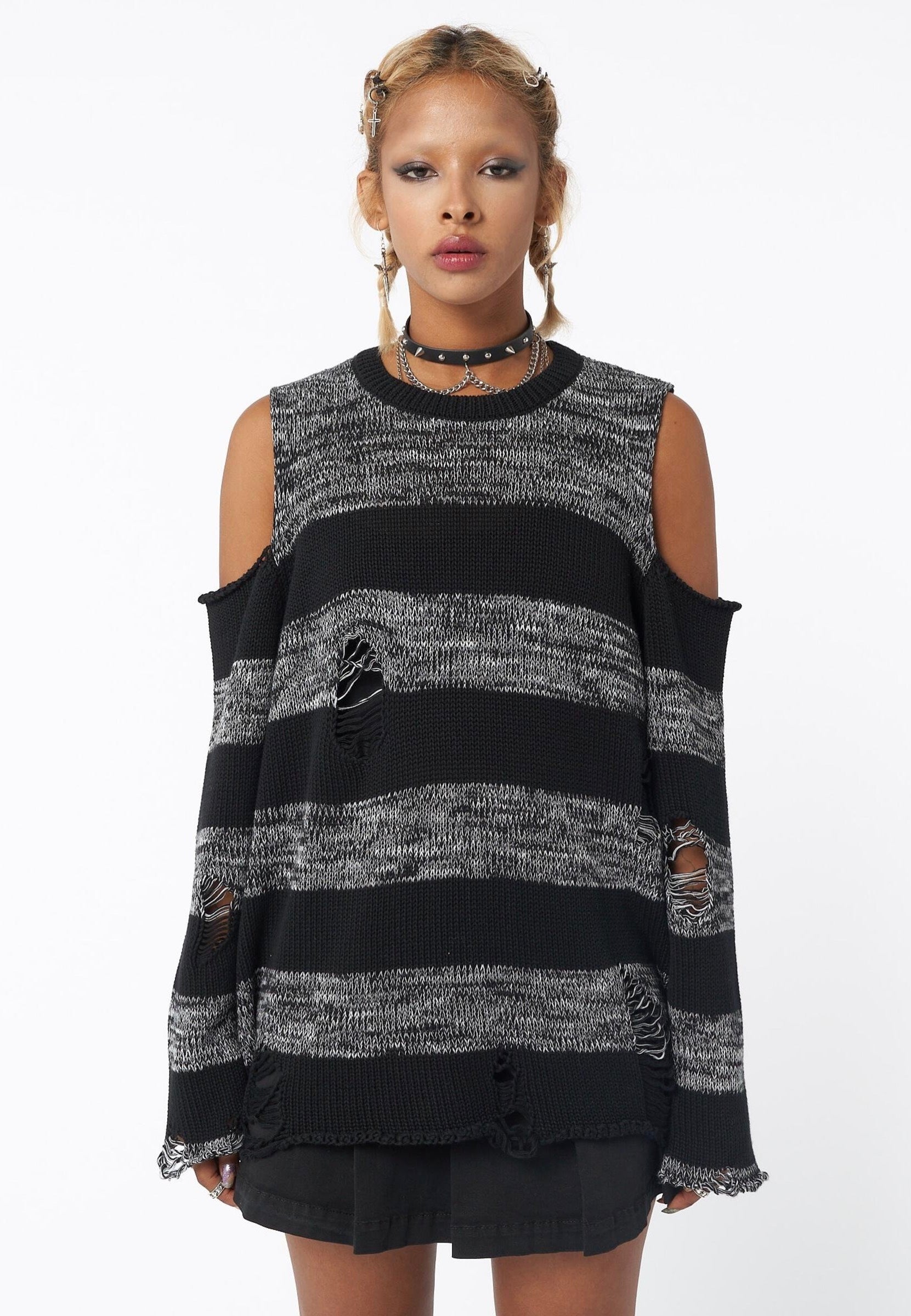 Minga London - Curtis Striped Knit Black/Grey - Pullover | Women-Image