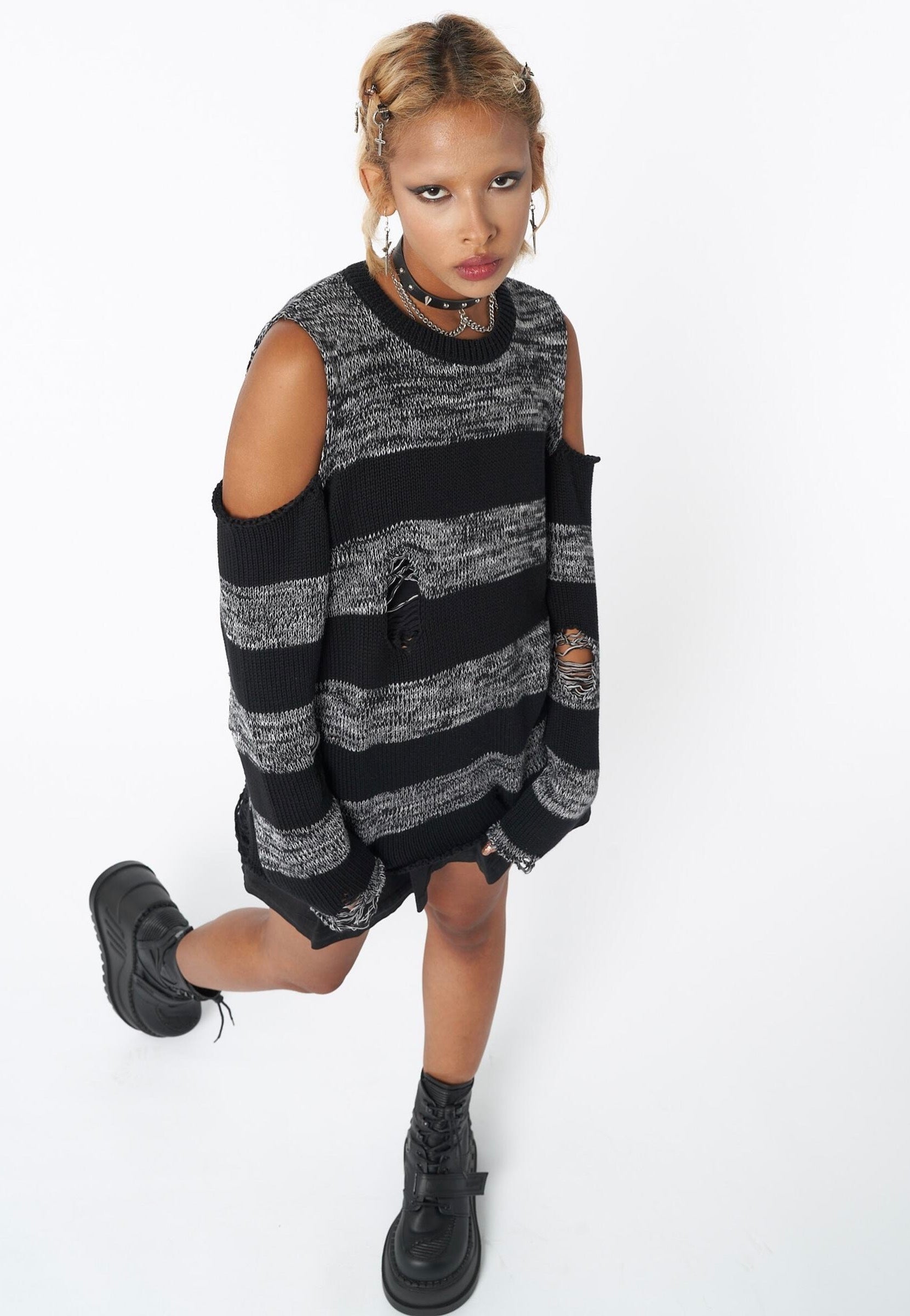 Minga London - Curtis Striped Knit Black/Grey - Pullover | Women-Image