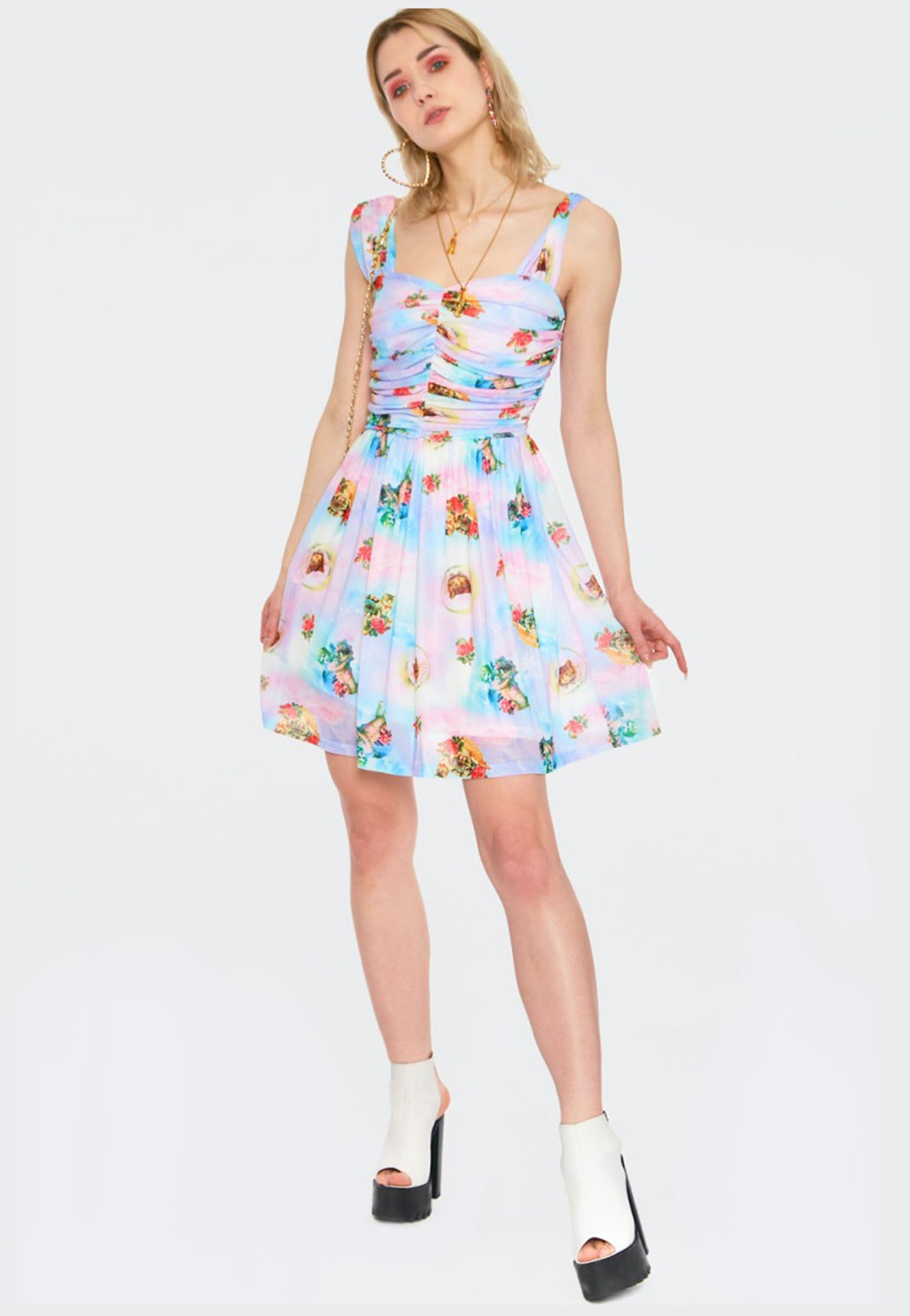 Jawbreaker - Cherub Cat Print Chiffon Skater Multicoloured - Dress | Women-Image