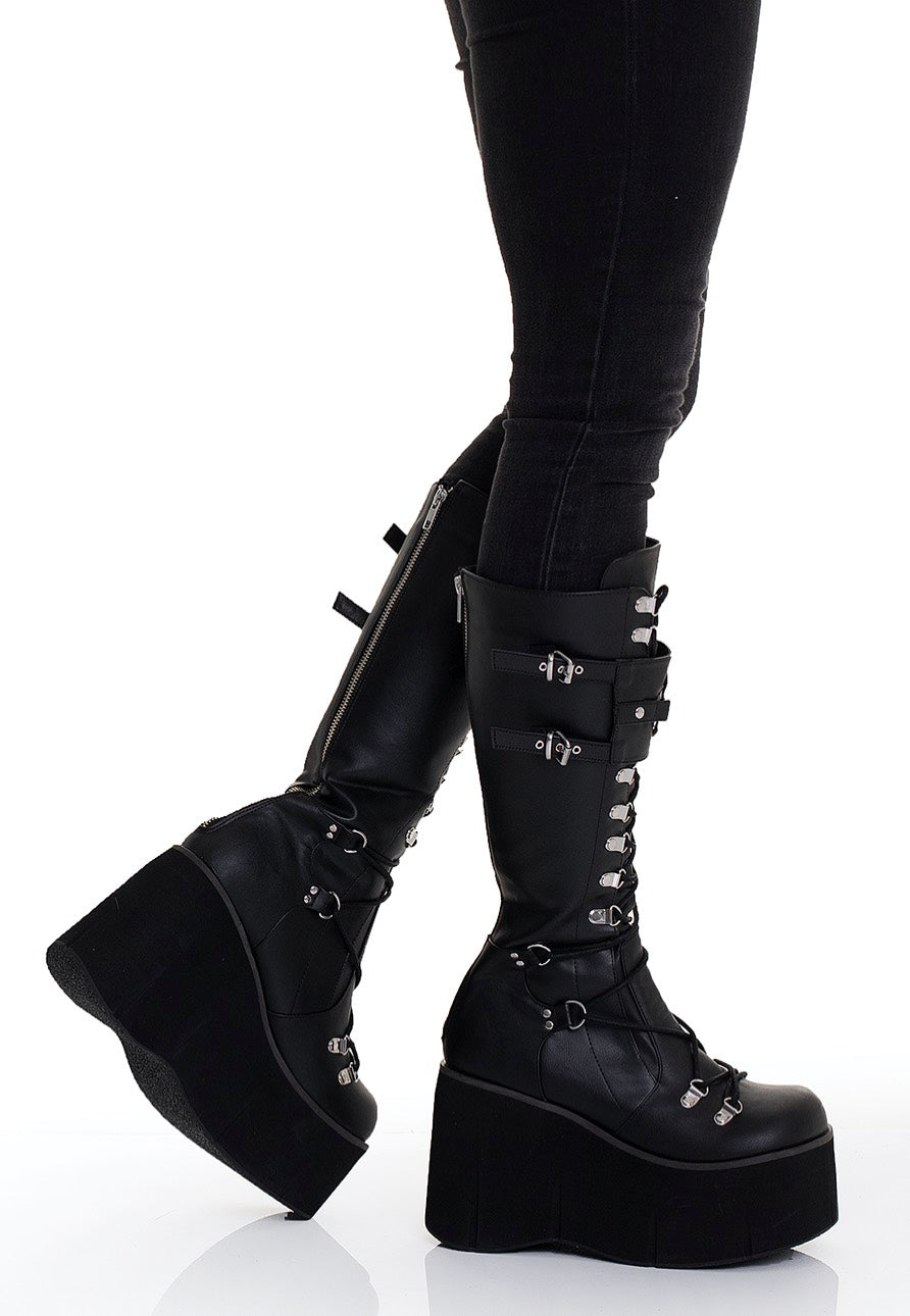 DemoniaCult - Kera 200 Lace Up Knee High Black Vegan Leather - Girl Shoes | Women-Image