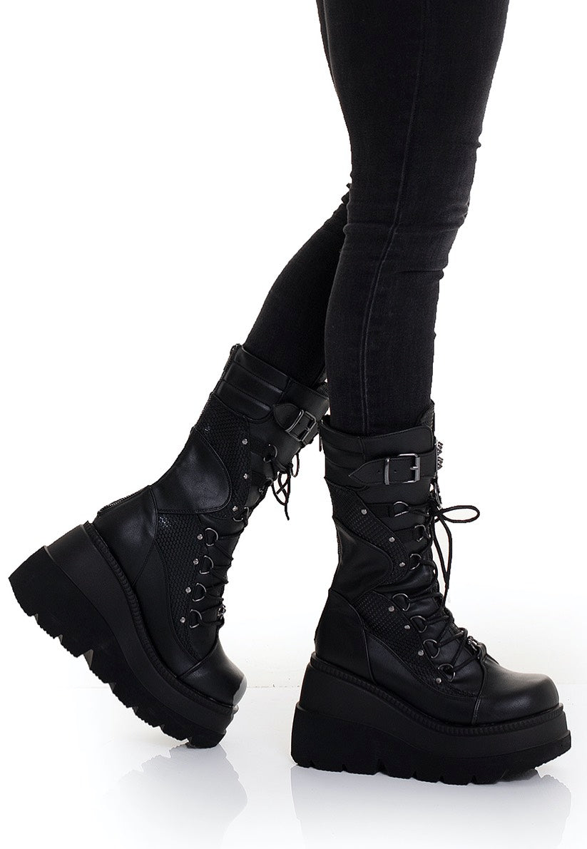 DemoniaCult - Shaker 70 Wedge Lace Up Mid Calf Black Vegan Leather - Girl Shoes | Women-Image