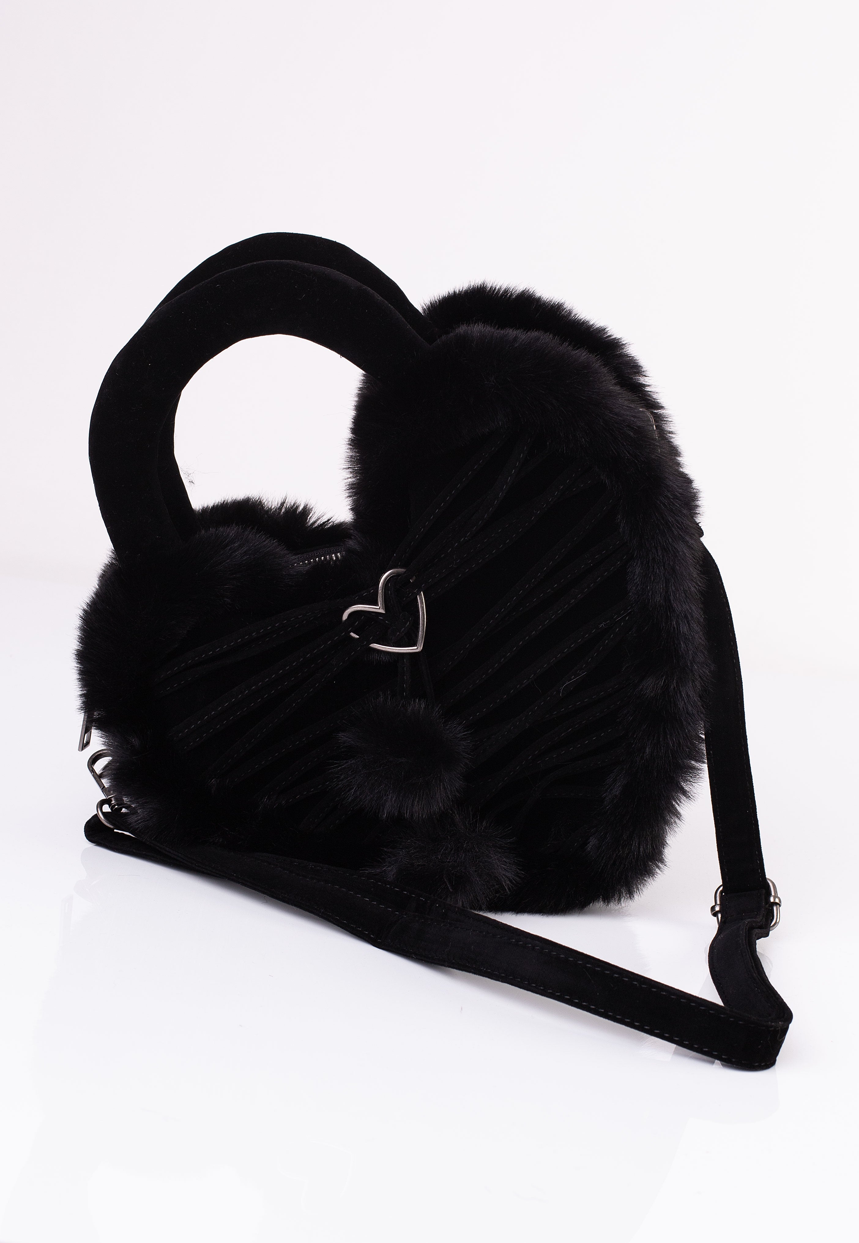 DemoniaCult - Faux Suede And Fur Heart Shaped Black - Bag | Neutral-Image