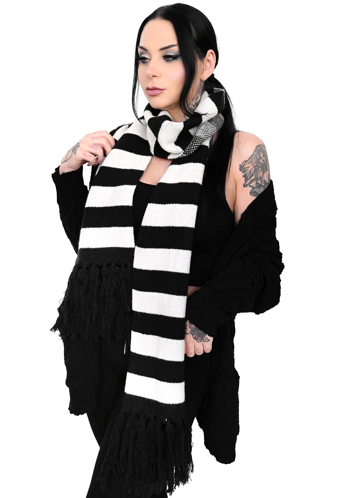 Foxblood - Black/White Striped Fringe Black/White - Scarf | Neutral-Image