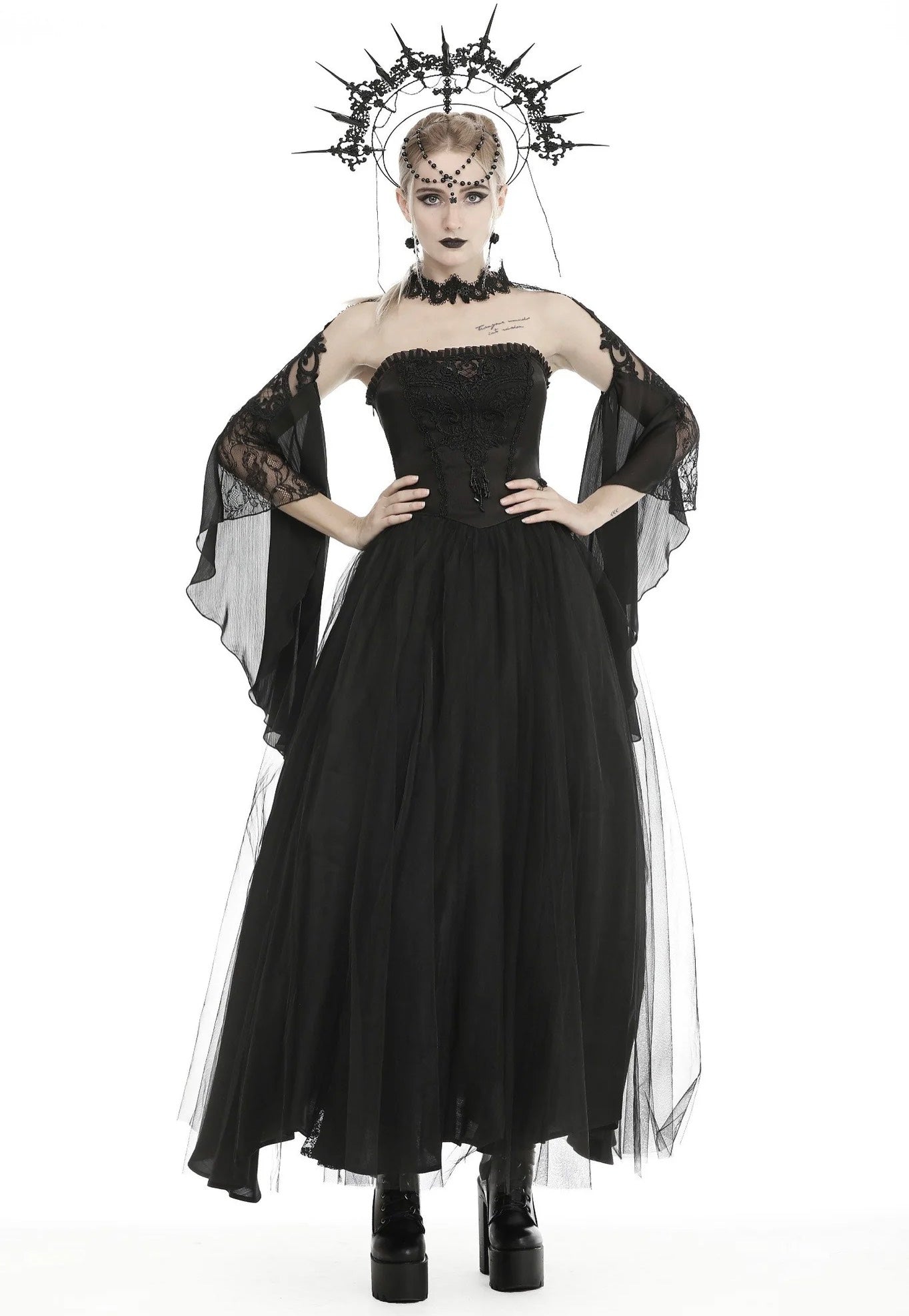 Dark In Love - Gorgeous Beaded Tulle Maxi Gothic Wedding Black - Dress | Women-Image