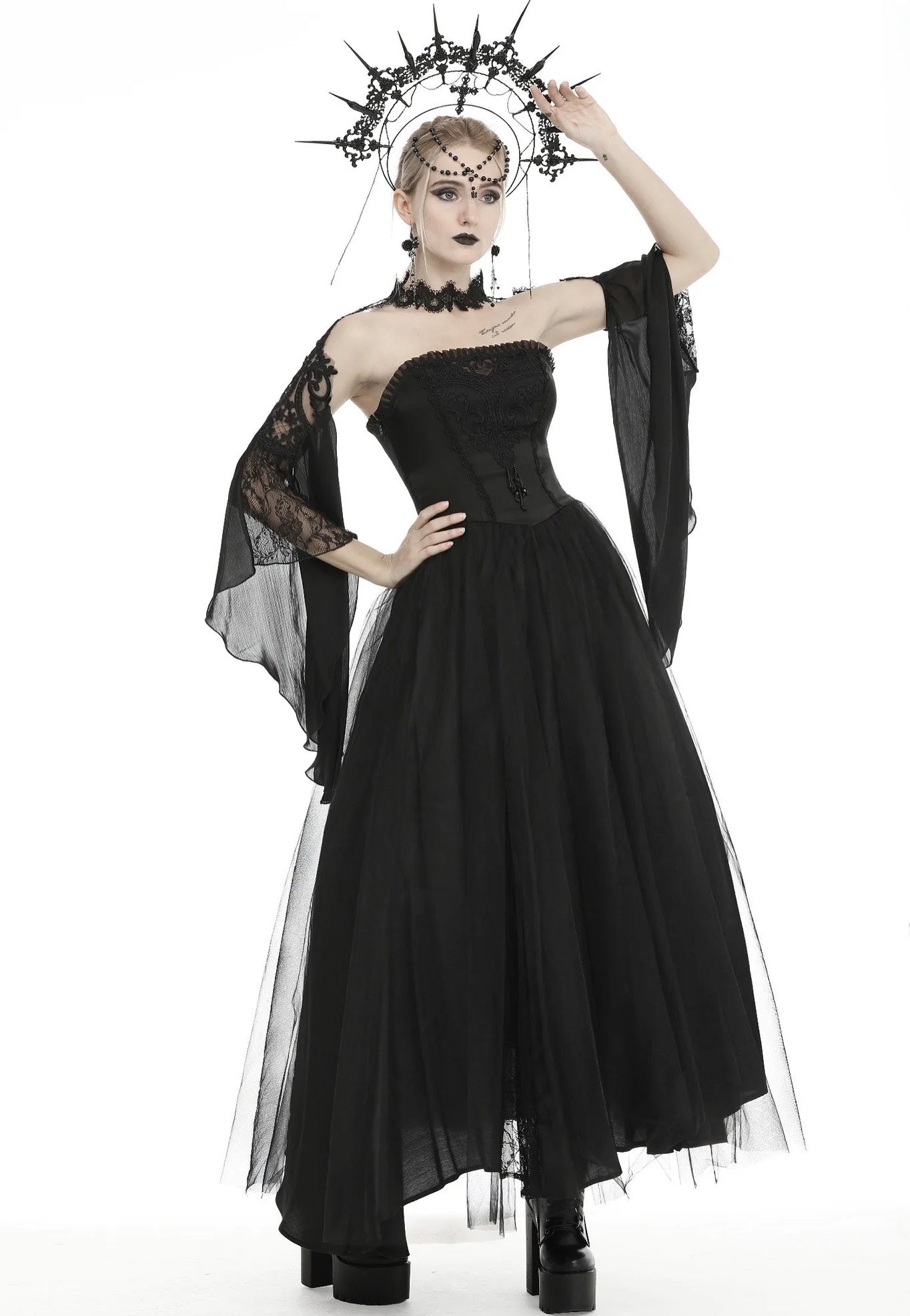 Dark In Love - Gorgeous Beaded Tulle Maxi Gothic Wedding Black - Dress | Women-Image