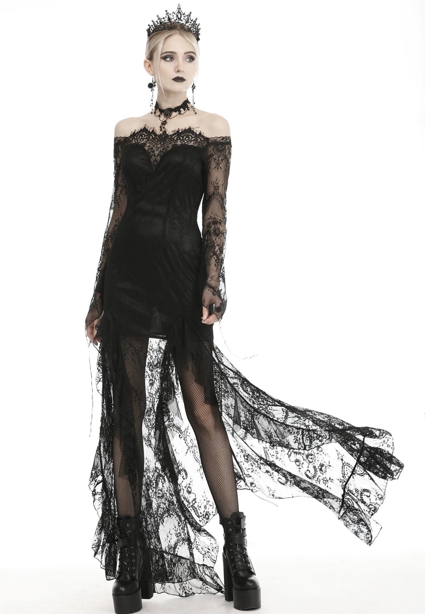 Dark in Love - Gothic Black Lace Frill Swallow Tail Mermaid - Dress | Women-Image