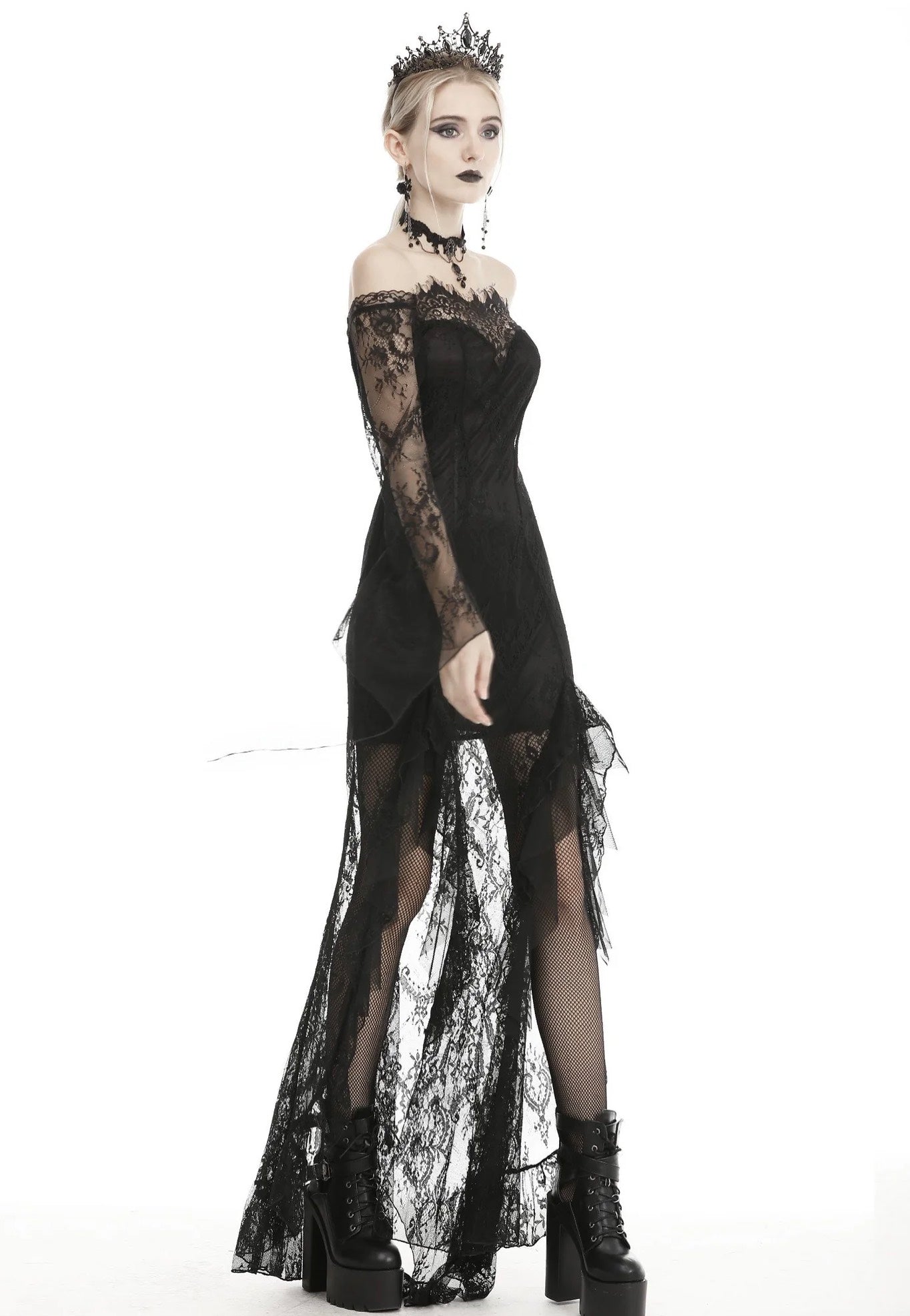 Dark in Love - Gothic Black Lace Frill Swallow Tail Mermaid - Dress | Women-Image