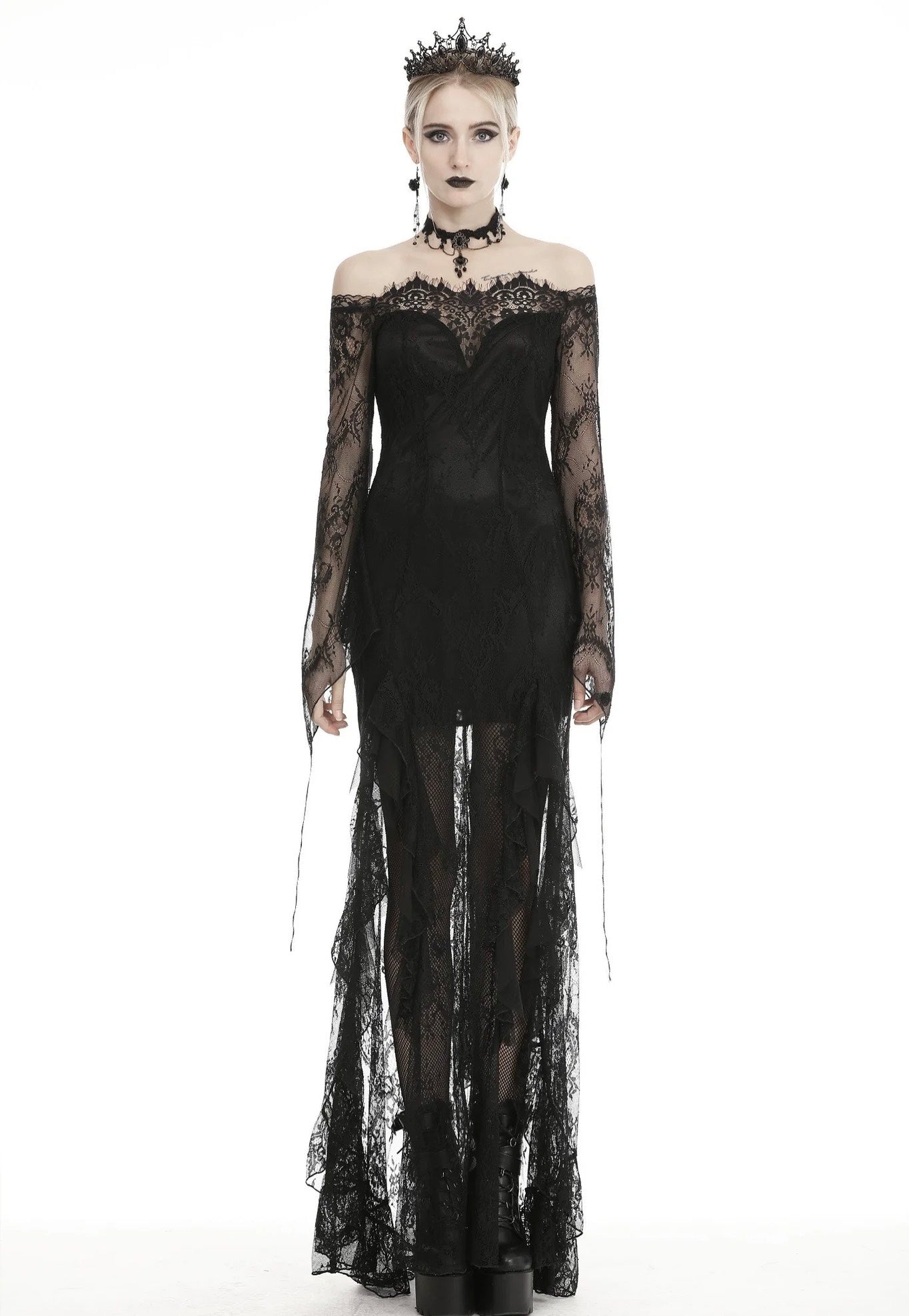 Dark in Love - Gothic Black Lace Frill Swallow Tail Mermaid - Dress | Women-Image