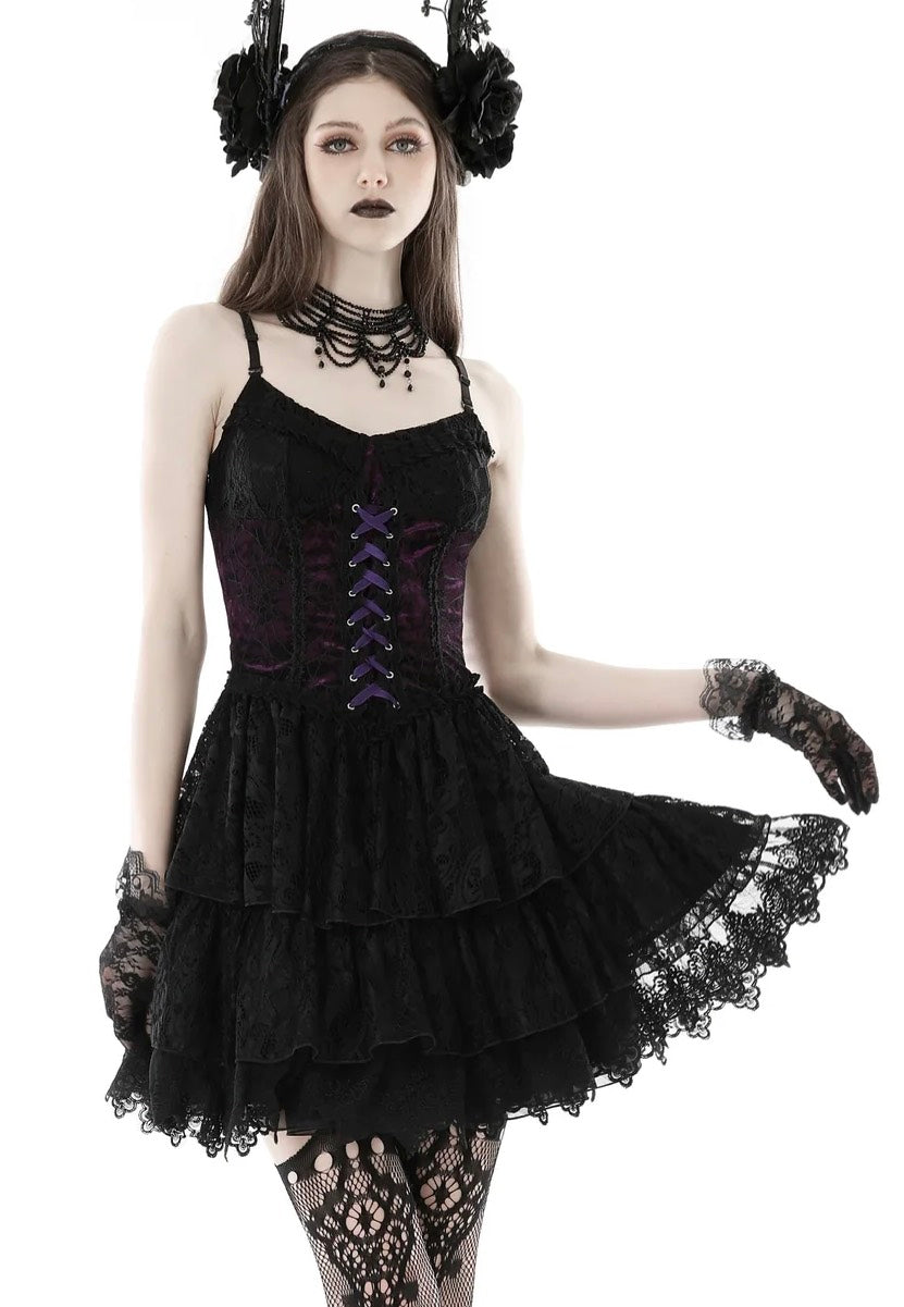 Dark In Love - Gothic Sexy Black Purple Lace Mini Black - Dress | Women-Image