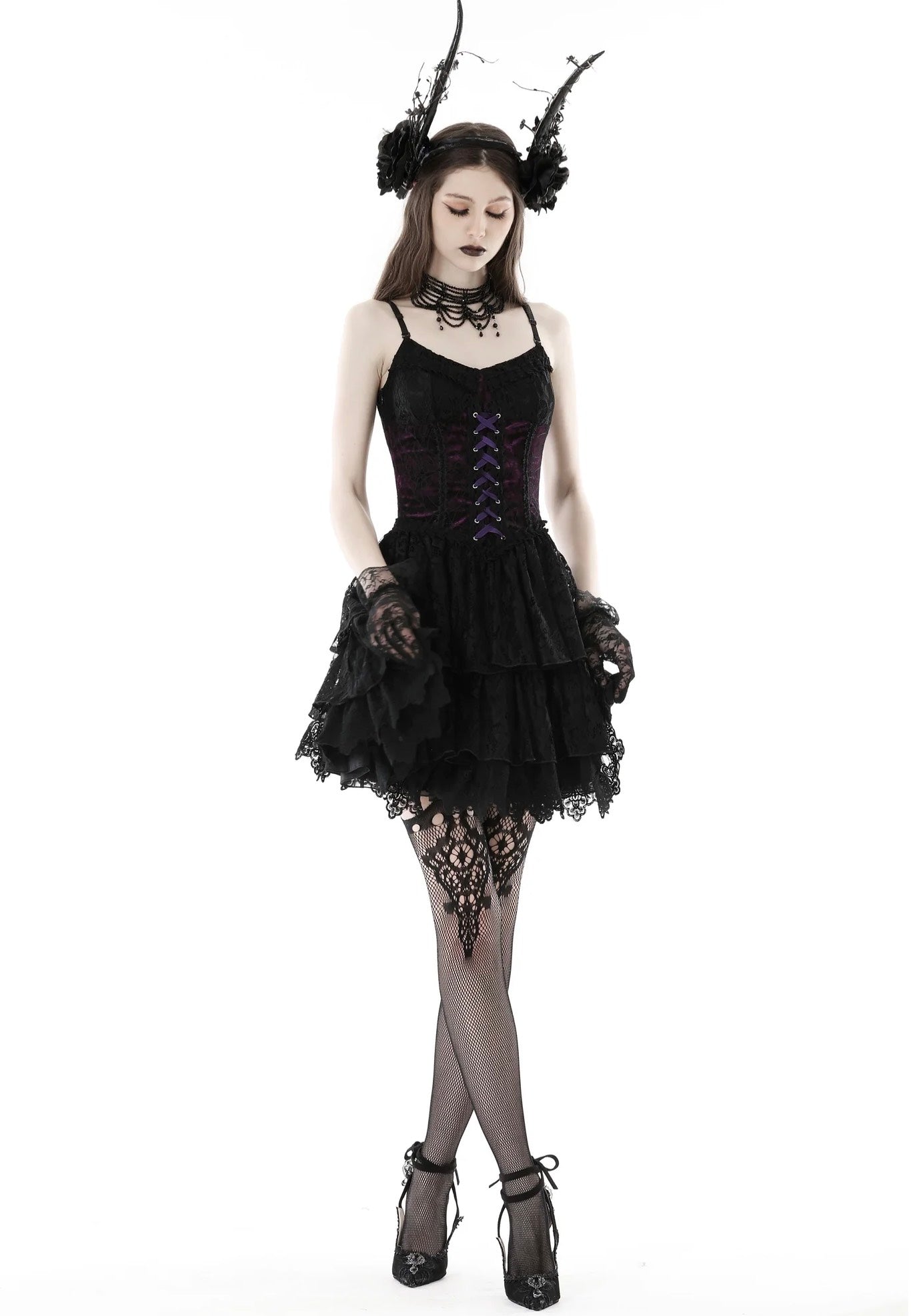 Dark In Love - Gothic Sexy Black Purple Lace Mini Black - Dress | Women-Image