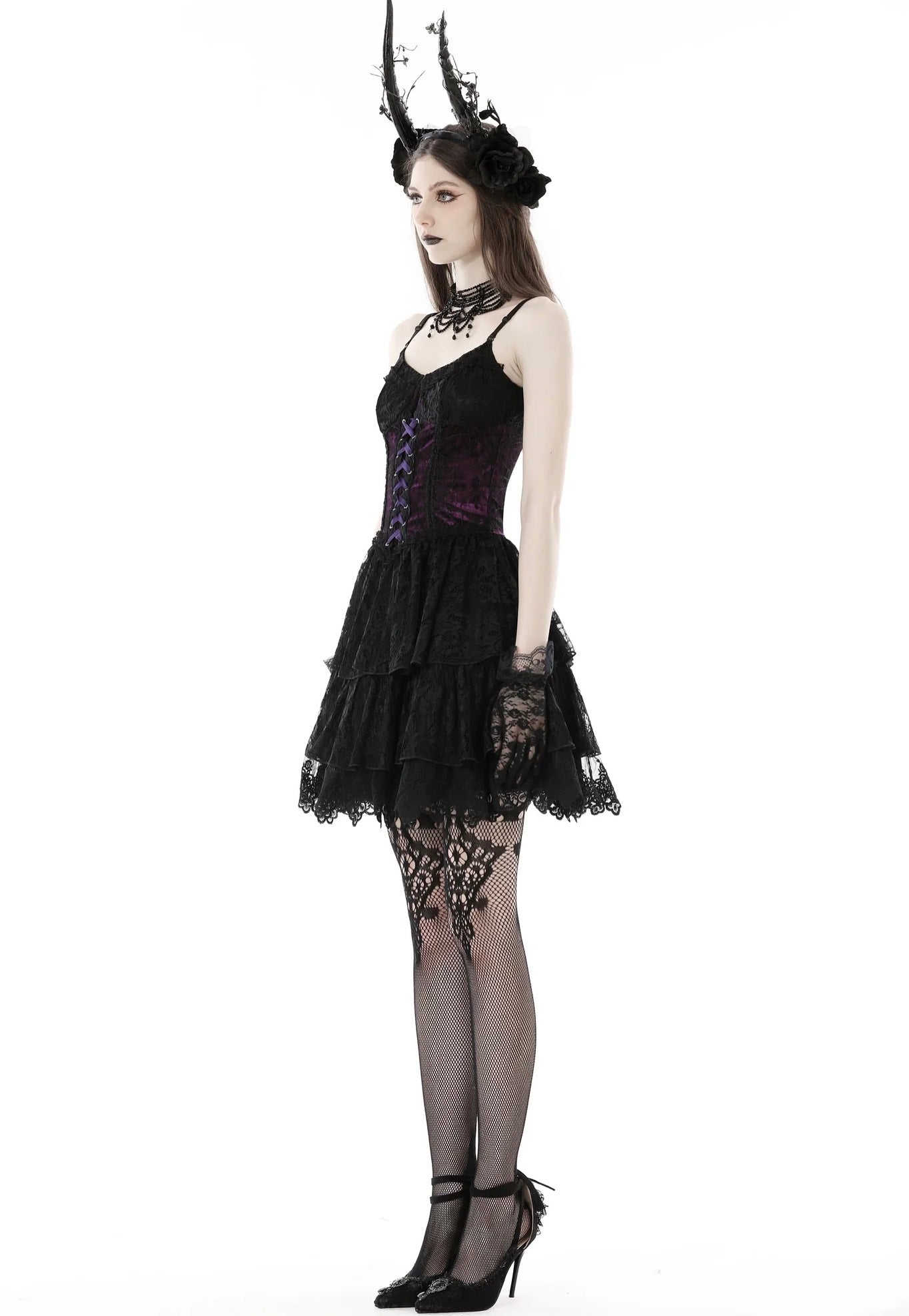 Dark In Love - Gothic Sexy Black Purple Lace Mini Black - Dress | Women-Image