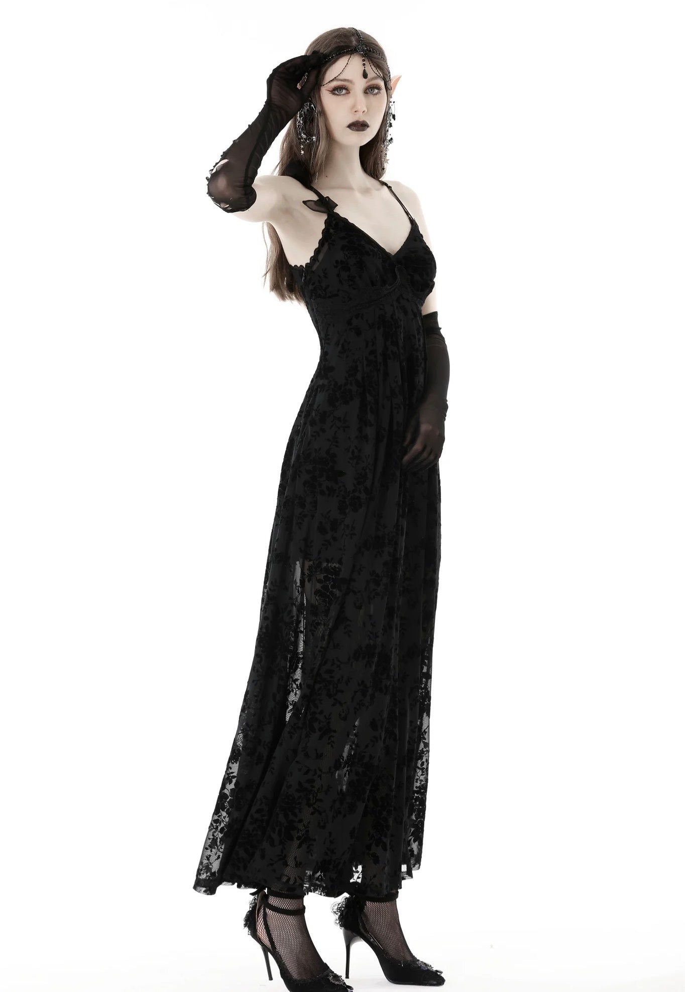 Dark In Love - Gothic Rose Flocking Maxi Strap Black - Dress | Women-Image