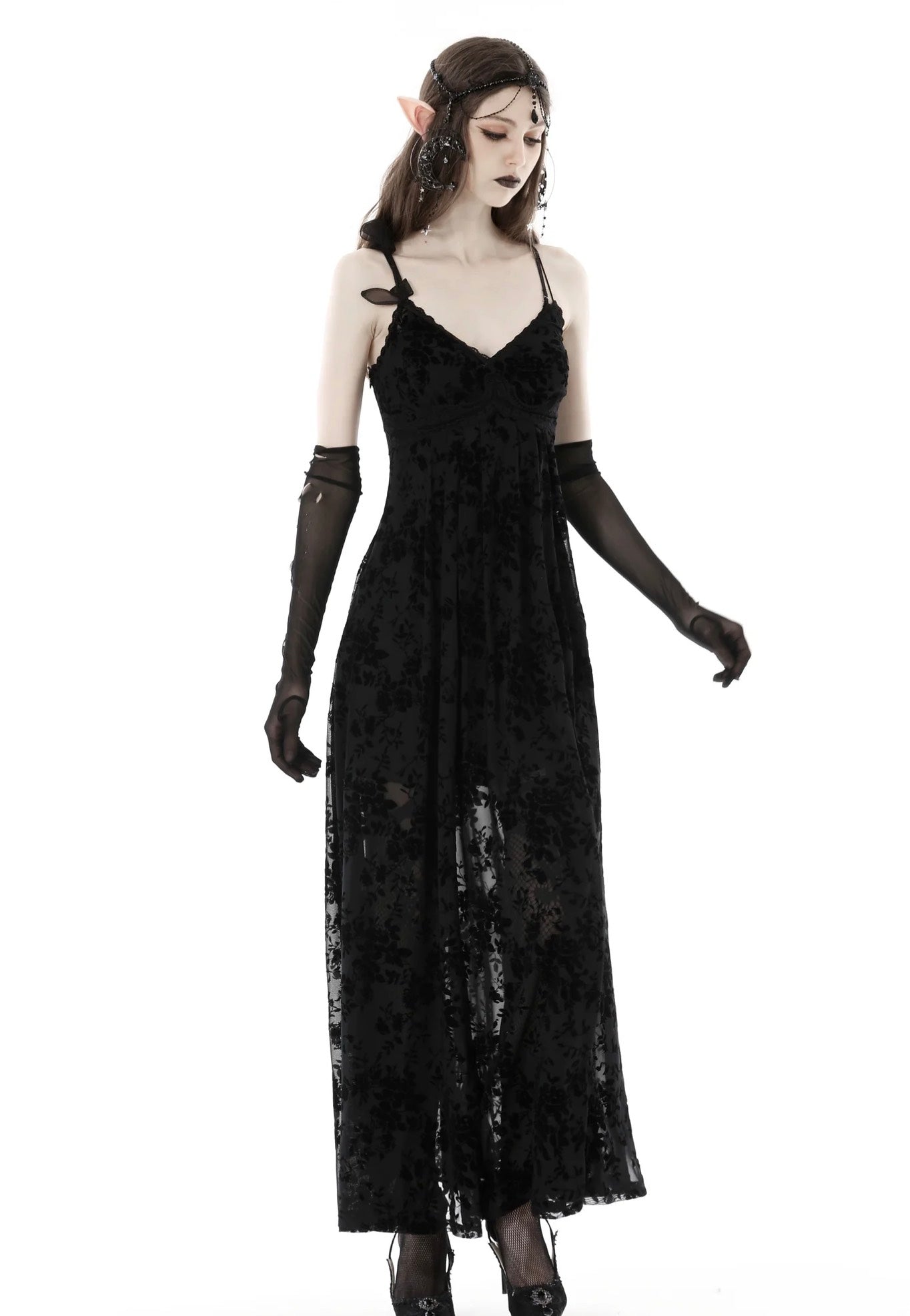 Dark In Love - Gothic Rose Flocking Maxi Strap Black - Dress | Women-Image