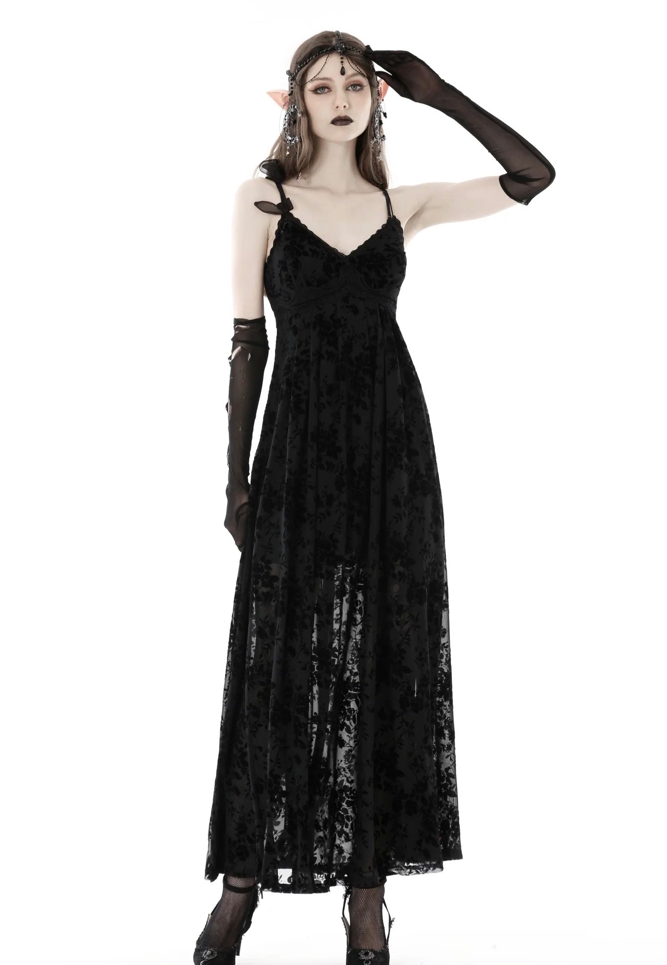 Dark In Love - Gothic Rose Flocking Maxi Strap Black - Dress | Women-Image