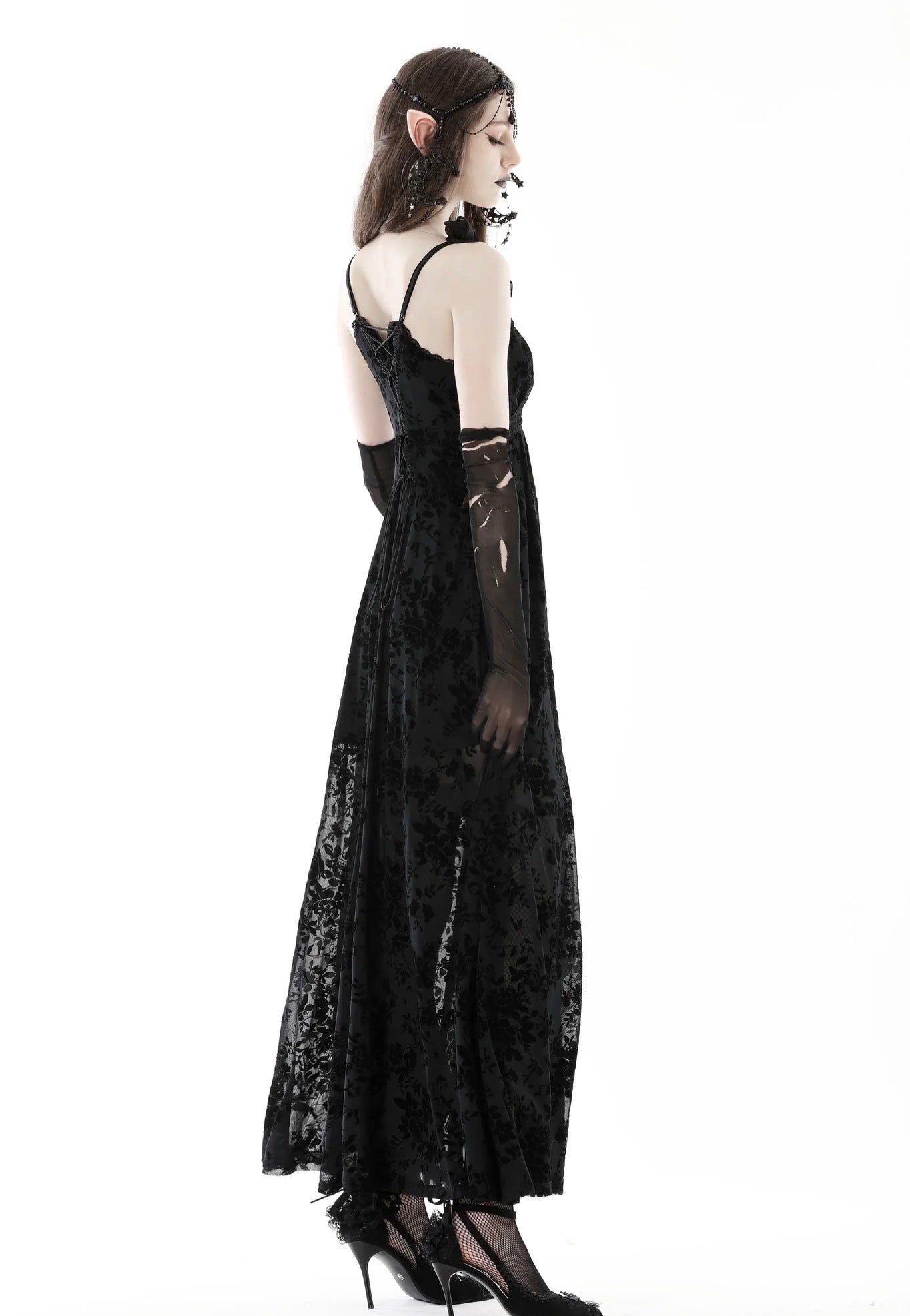 Dark In Love - Gothic Rose Flocking Maxi Strap Black - Dress | Women-Image