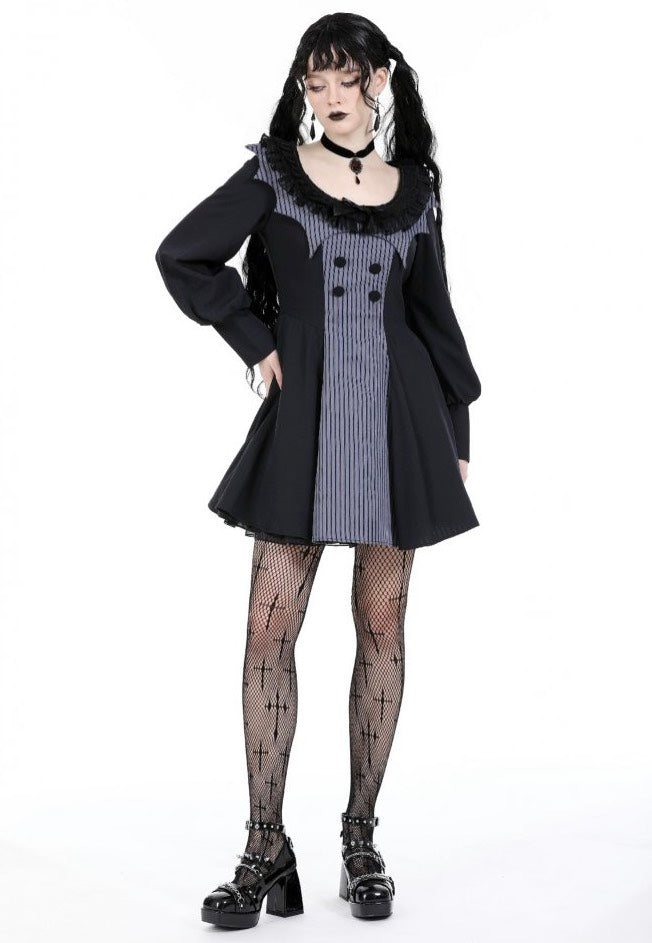 Dark In Love - Gothic Pinstripe Ruffle Neck Academism - Dress | Women-Image