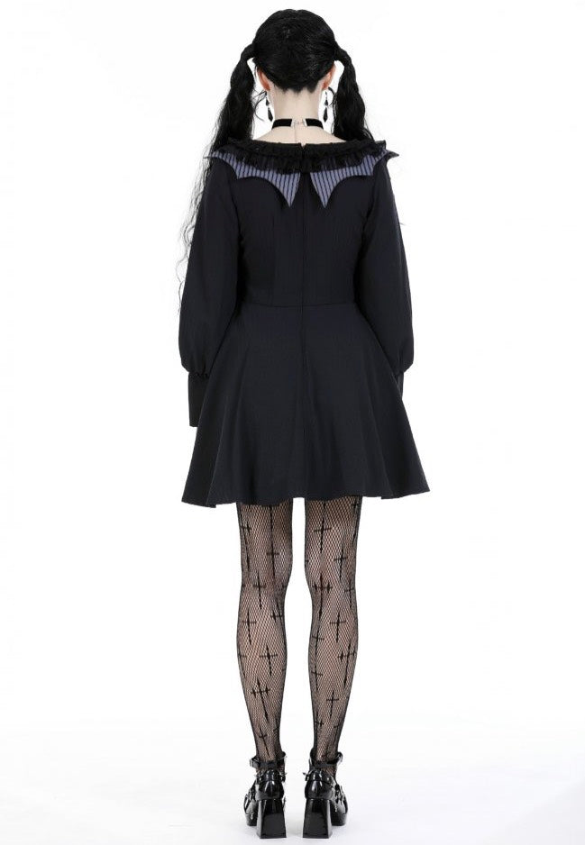 Dark In Love - Gothic Pinstripe Ruffle Neck Academism - Dress | Women-Image