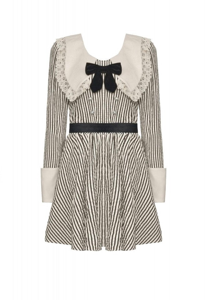 Dark In Love - Classic Vintage Big Lapels Classy Striped - Dress | Women-Image