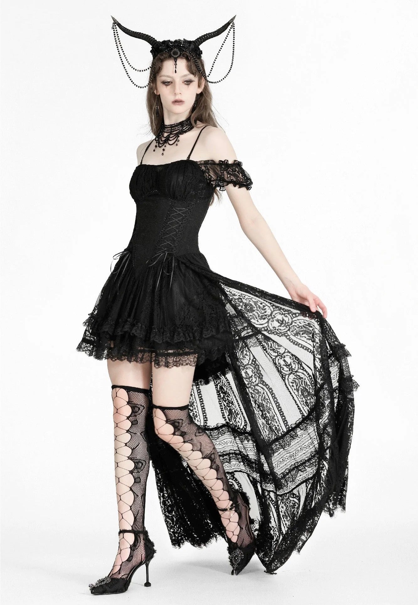 Dark In Love - Gothic Noble Romantic Lace Hi Low Black - Dress | Women-Image