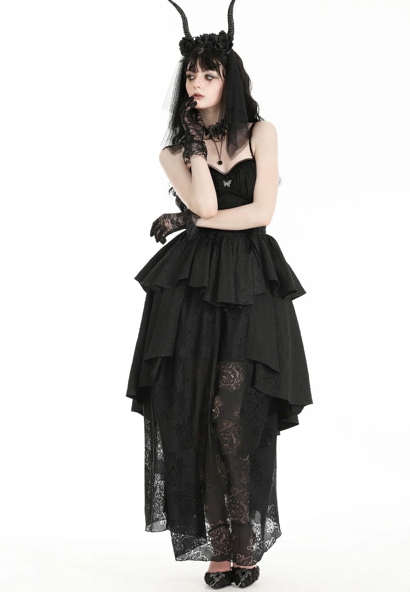 Dark In Love - Gothic Death Butterfly Layered Hi Low Black - Dress | Women-Image