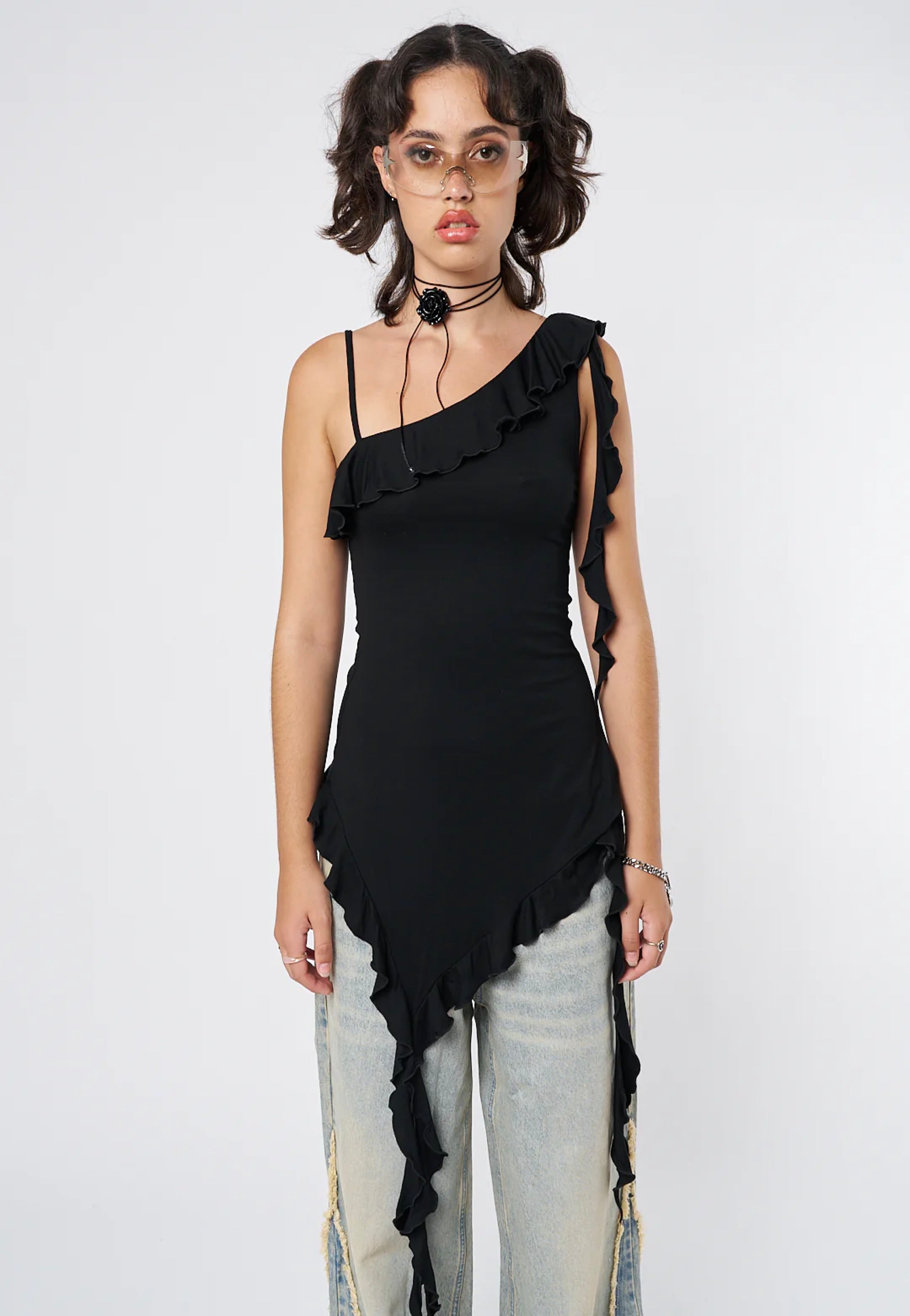 Minga London - Ebony Asymmetric Frill Black - Top | Women-Image