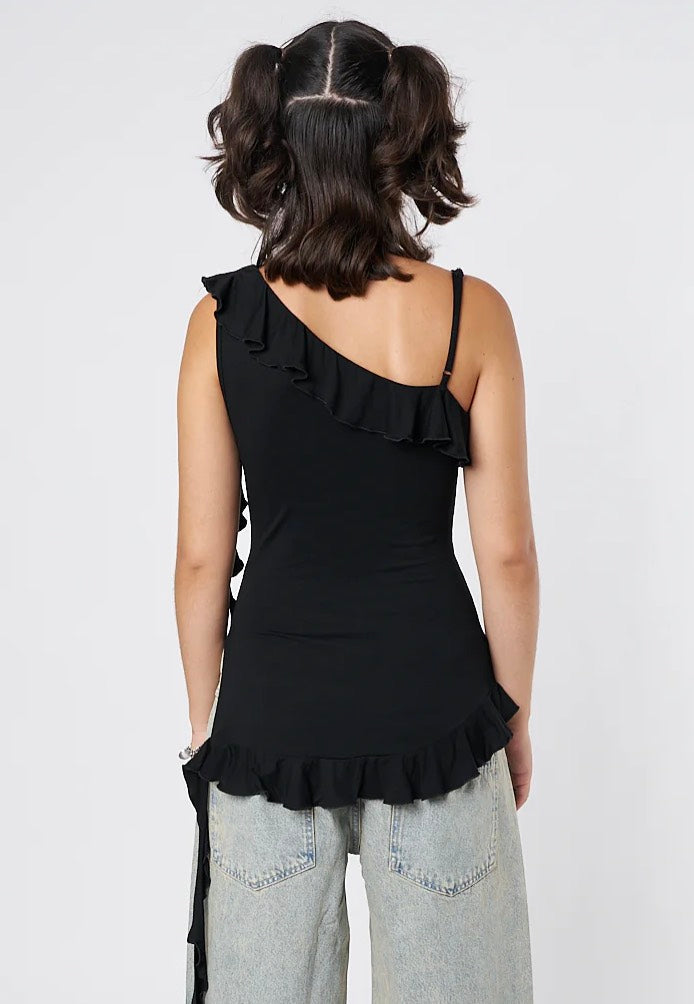 Minga London - Ebony Asymmetric Frill Black - Top | Women-Image