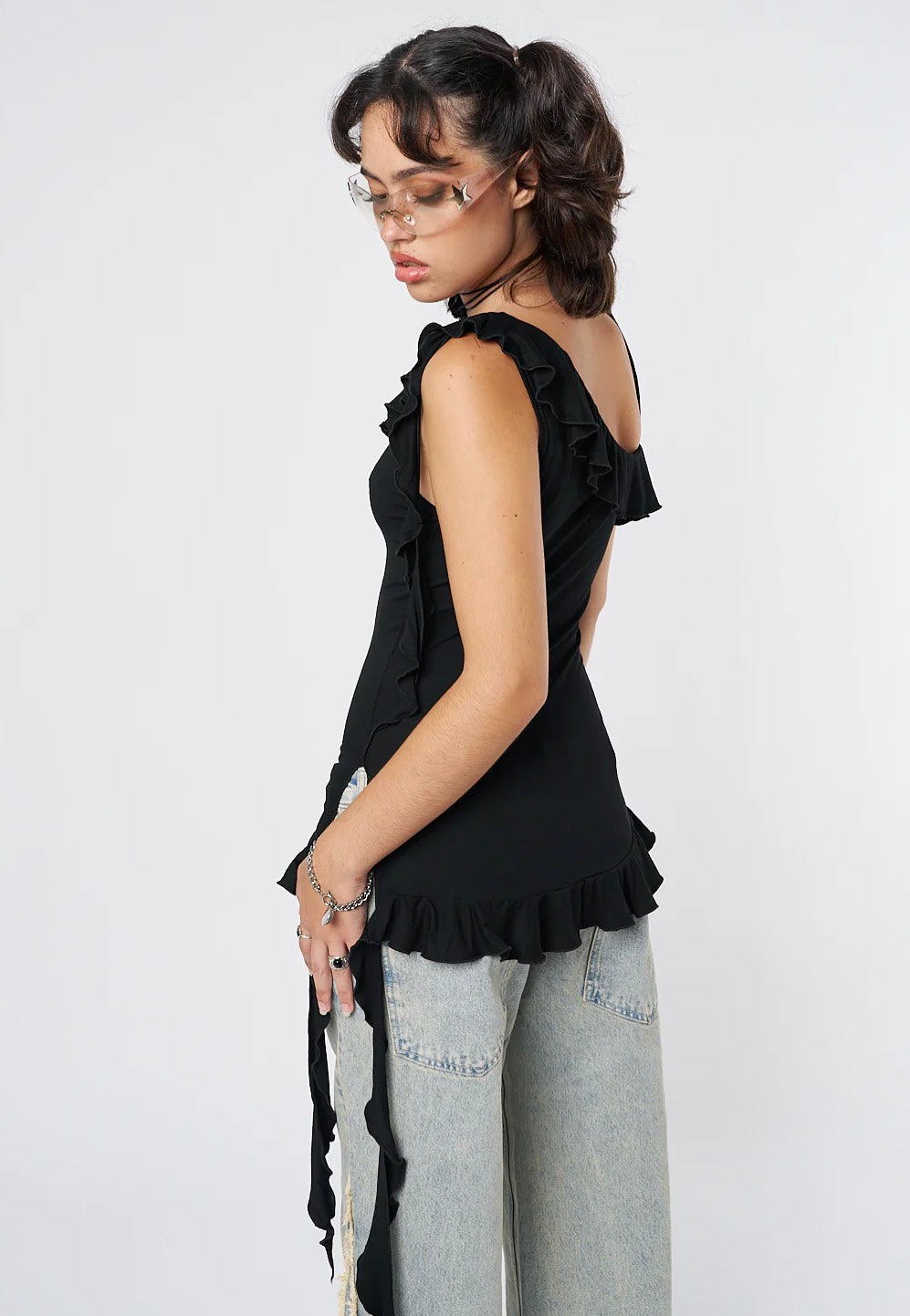 Minga London - Ebony Asymmetric Frill Black - Top | Women-Image