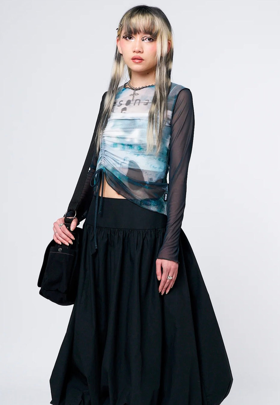 Minga London - Echos Printed Mesh Ruched Tie Black - Top | Women-Image