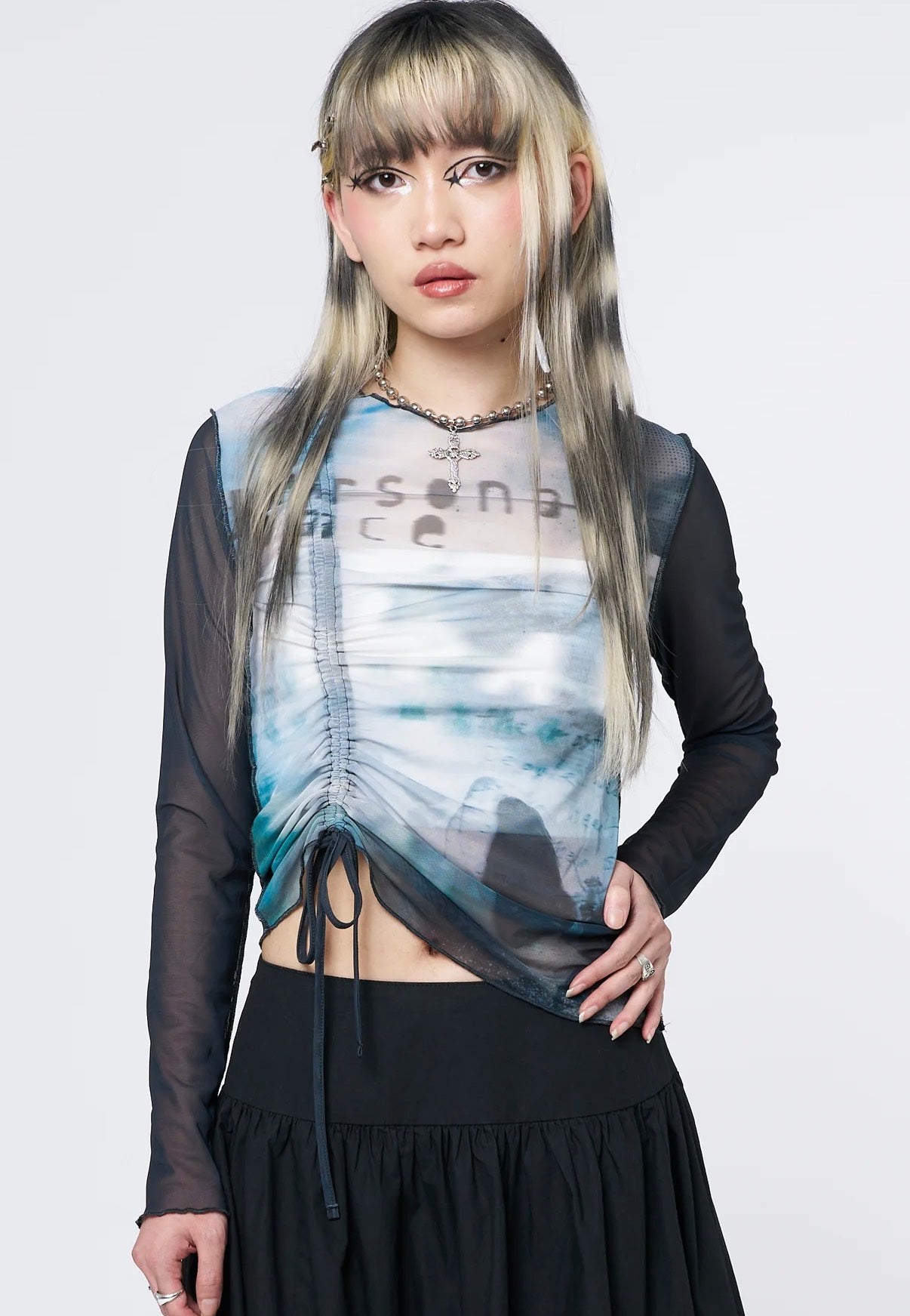 Minga London - Echos Printed Mesh Ruched Tie Black - Top | Women-Image