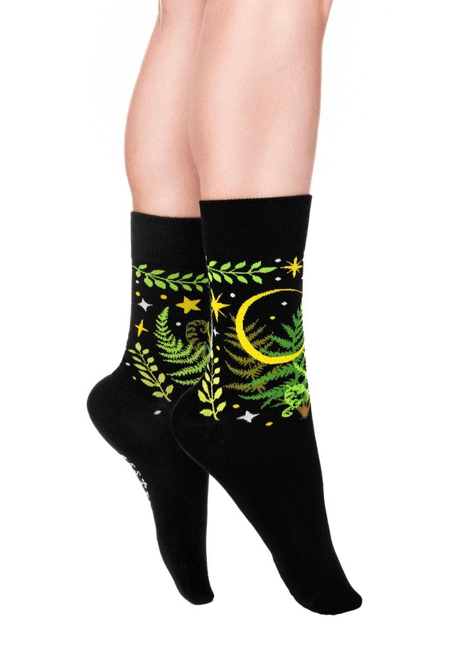 Restyle - Herbal Jacquard Fern Leaves And Crescent - Socks | Neutral-Image