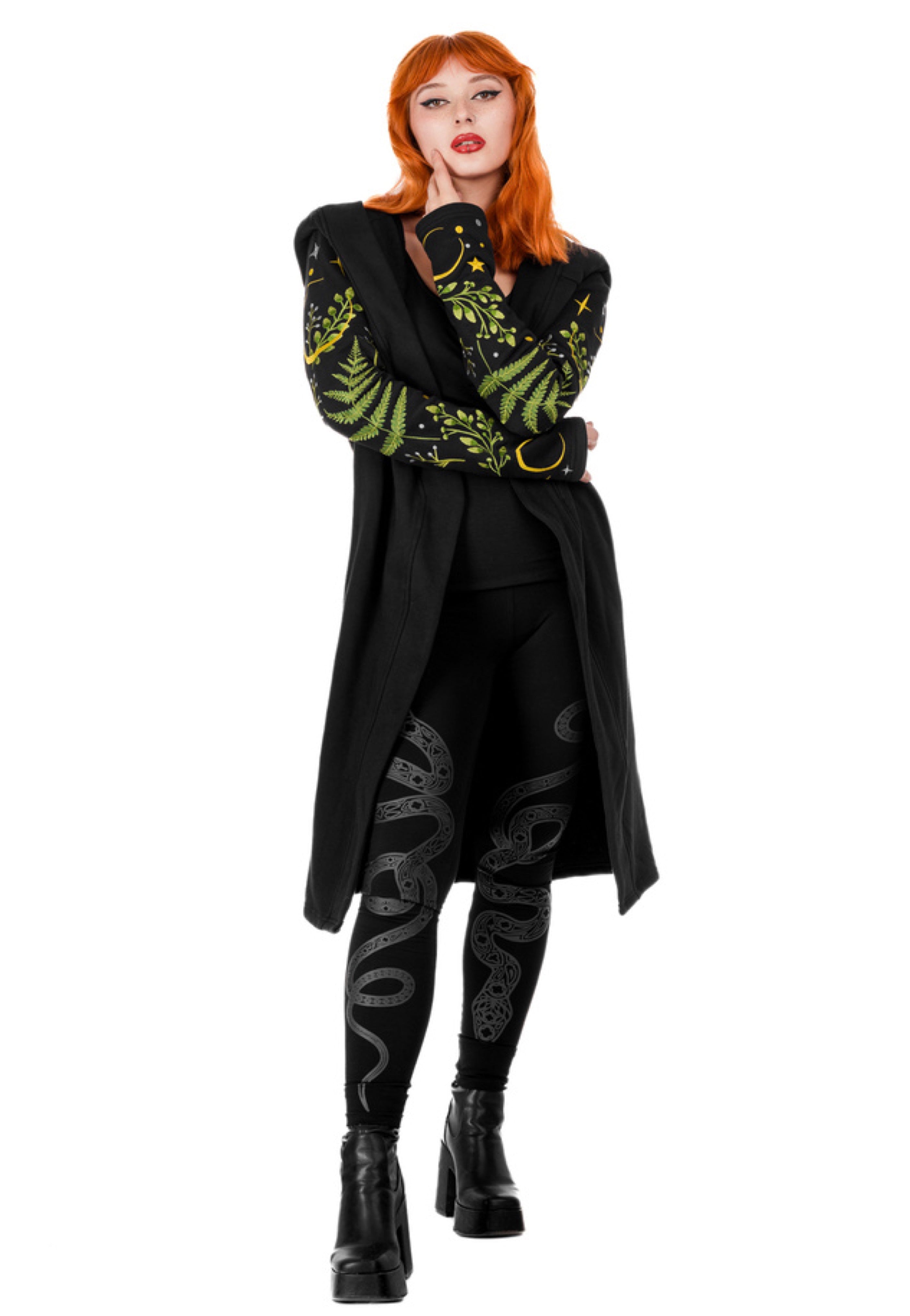 Restyle - Long Pagan Herbal With Fern And Crescent Black - Cardigan | Women-Image