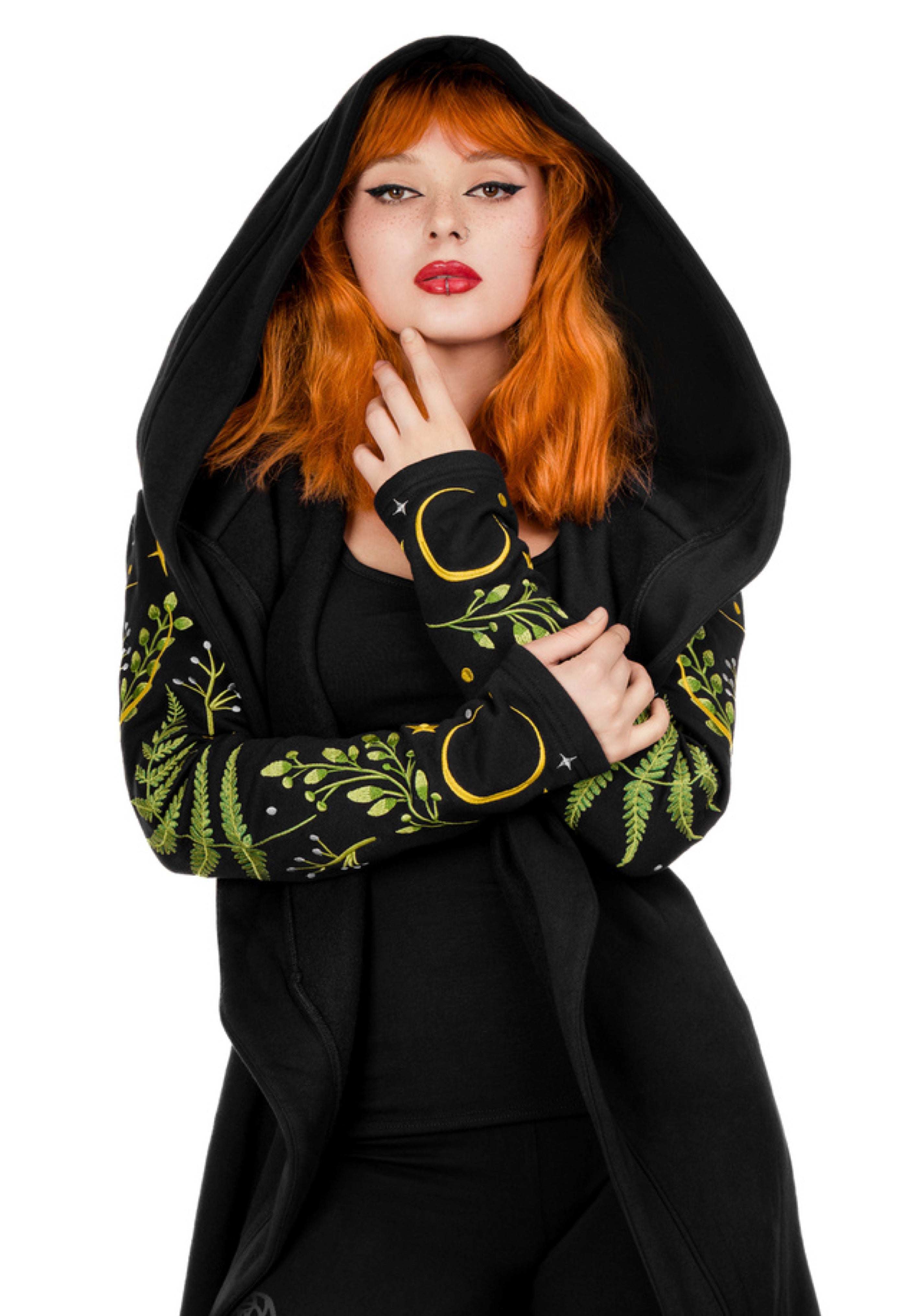 Restyle - Long Pagan Herbal With Fern And Crescent Black - Cardigan | Women-Image