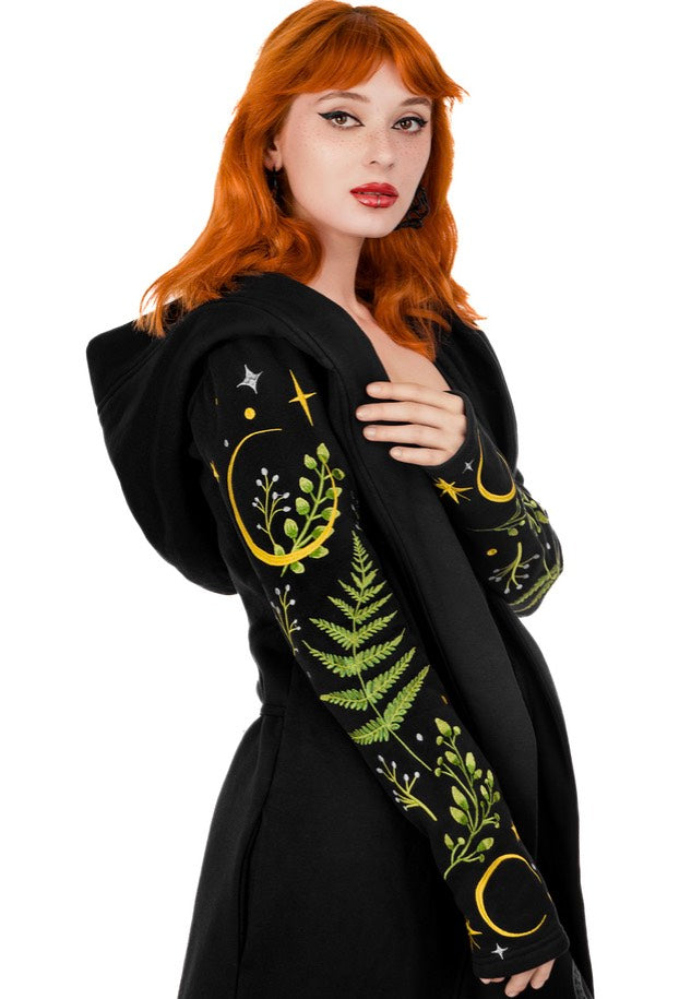 Restyle - Long Pagan Herbal With Fern And Crescent Black - Cardigan | Women-Image