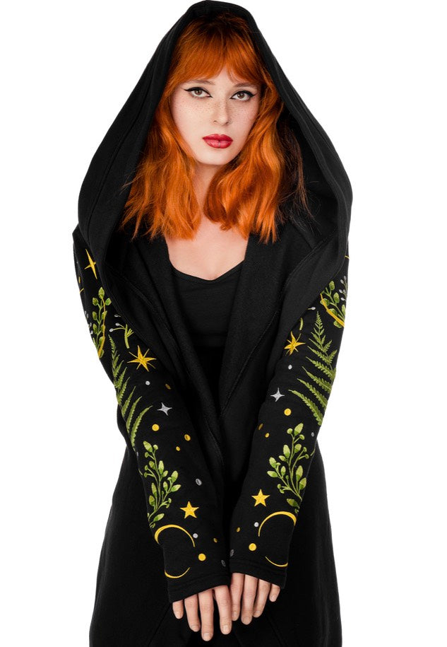 Restyle - Long Pagan Herbal With Fern And Crescent Black - Cardigan | Women-Image