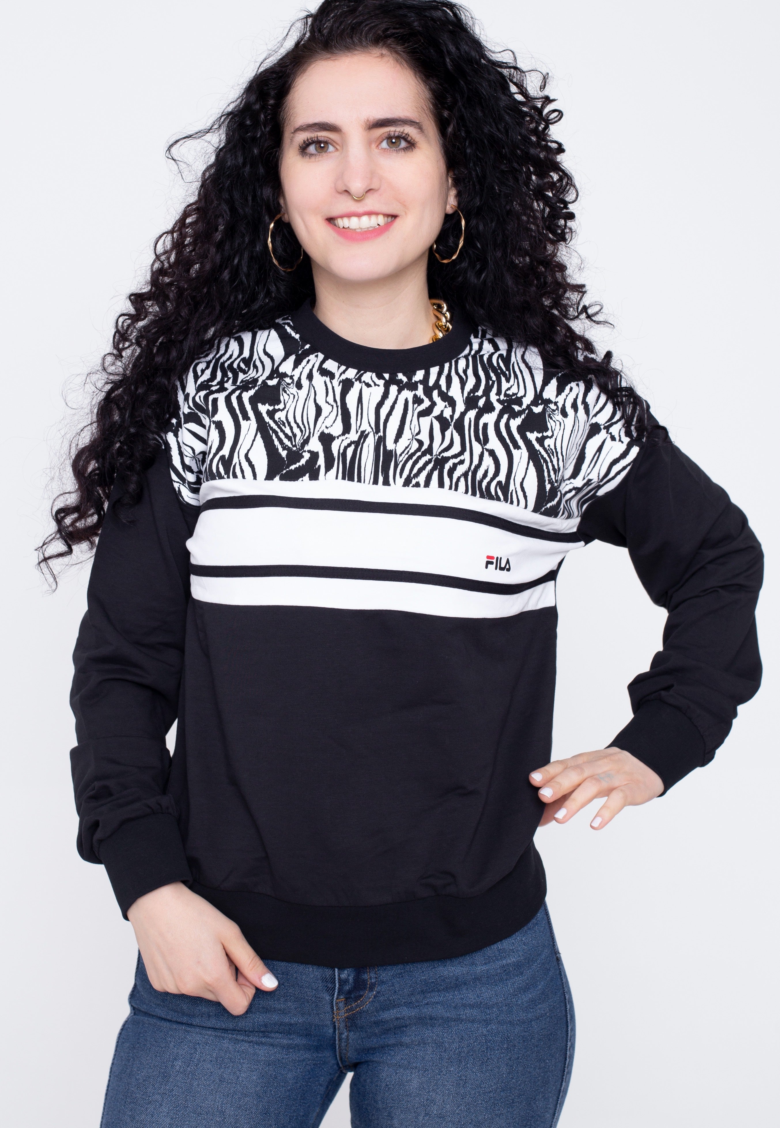 Fila - Bolu Crew Neck Black Beauty Bright White Abstract Zebra AOP - Sweater | Women-Image